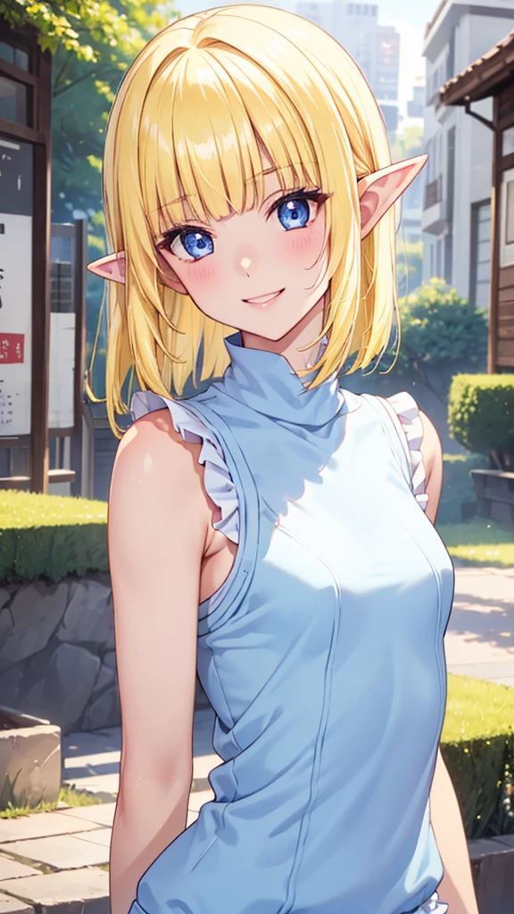 Very close、((Focus on the upper body))、16k、masterpiece、High resolution、High resolution、((1 young elven woman))、((Beautiful white skin))、((Beautiful blonde))、((Small breasts))、Bunhead、short hair、((Beautiful Blue Eyes))、((Pointed Ears))、Smiling Kindly、Grin、blush、Pink Lip Gloss、Shiny skin、((Blue sleeveless summer sweater with ruffles))、((In a crowded city))、