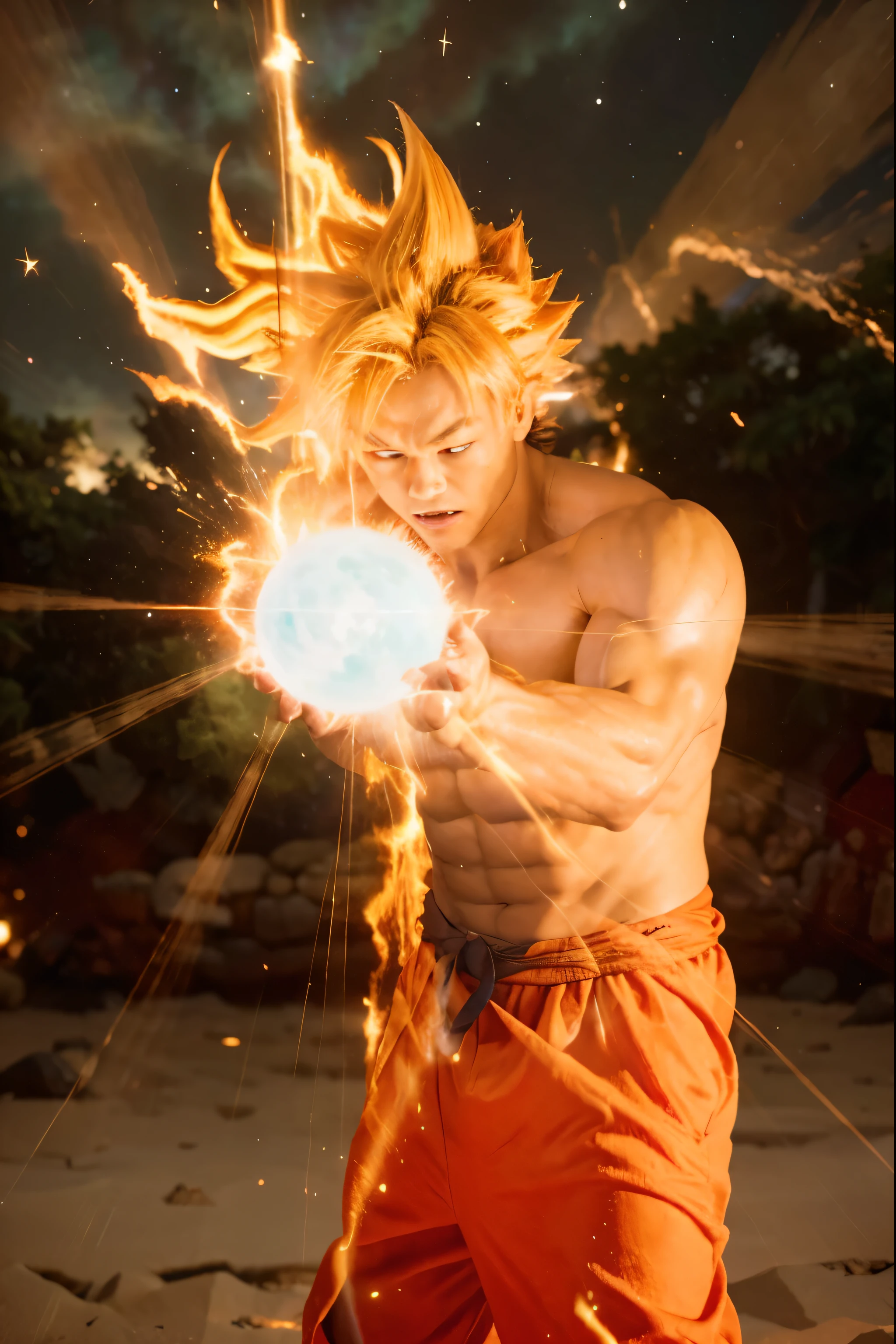 (Best quality, 8k, 32k, Masterpiece, UHD:1.2) "Transform the scene into a dynamic and intense moment with Son Goku energizing a powerful Kamehameha. Picture Goku in his iconic stance, hands cupped together as he channels immense energy, the glowing blue orb of the Kamehameha forming between his palms. His expression is one of fierce determination, his muscles tensed and aura flaring.

The surroundings are engulfed in a cosmic blaze, with flames swirling around him, fueled by the sheer power of the attack. These flames are not ordinary; they shimmer with a cosmic radiance, reflecting hues of blue, purple, and white, reminiscent of the birth of a star. The ground beneath Goku cracks and splinters, unable to withstand the immense force emanating from him.

Around the charged Kamehameha, a swirling vortex of dust and debris spins rapidly, caught in the gravitational pull of the concentrated energy. The dust particles glow faintly, illuminated by the energy sphere, creating a mesmerizing and chaotic dance of light and shadow.

The sky above is a maelstrom of cosmic activity, with swirling galaxies and nebulae casting an otherworldly glow over the scene. Lightning arcs through the air, crackling with energy and adding to the dramatic intensity. The entire environment vibrates with the raw, untamed power of Goku’s Kamehameha, highlighting the monumental scale of his strength.

Capture the essence of this iconic moment by emphasizing the cosmic and fiery elements, the swirling dust and debris, and the sheer power and intensity radiating from Goku. The scene should evoke a sense of awe and exhilaration, showcasing the extraordinary might of one of the most powerful attacks in the Dragon Ball universe."