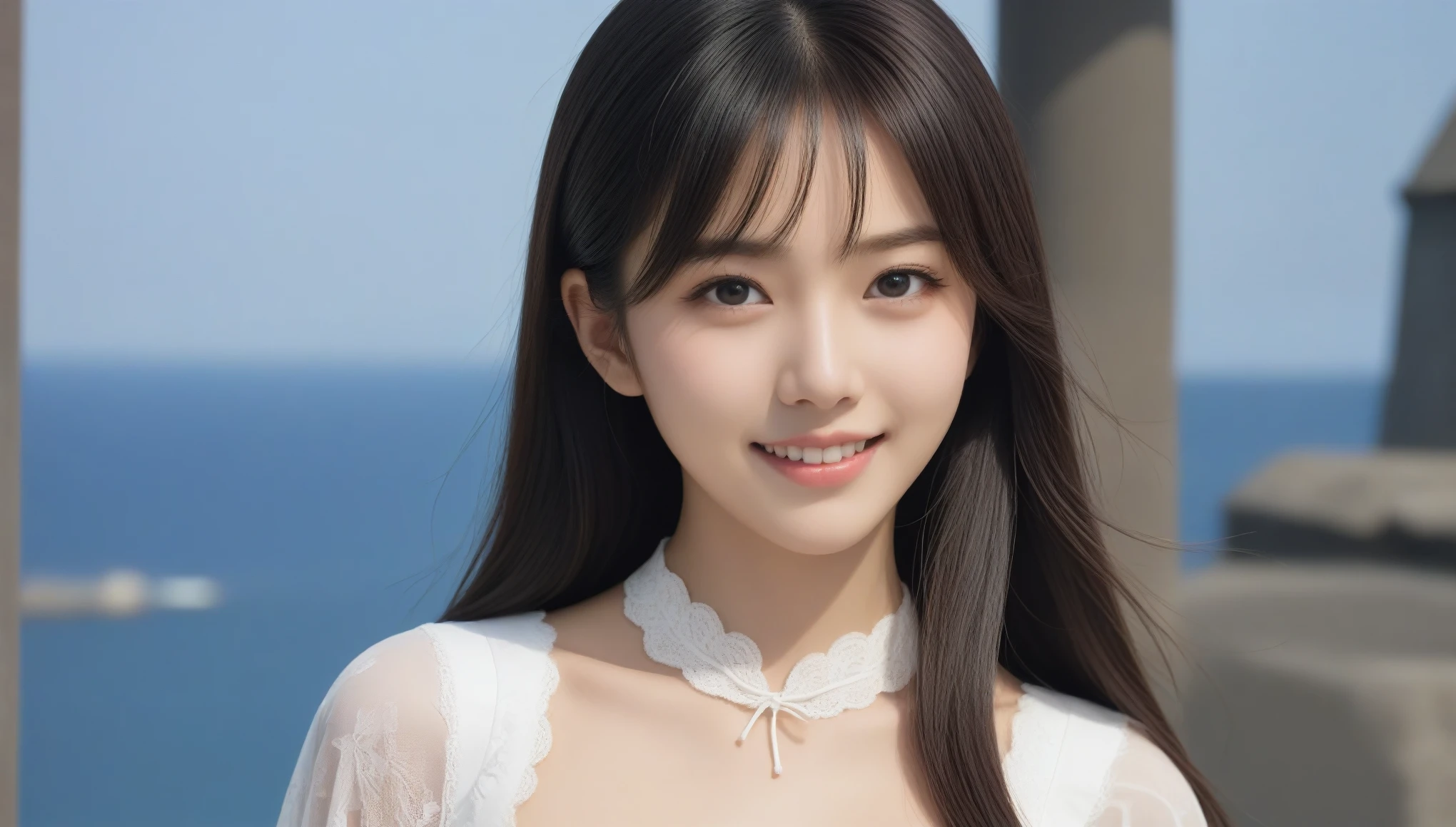 8k, Ultra-high resolution, highest quality, masterpiece, 三分割法によるphotograph,Surreal, photograph, 1 girl, (16 years old:1.3), pretty girl, Cute Face, Beautiful eyes in every detail, 細かくdetailedに,masterpiece,, One Girl:1.2, Japan Female Announcer、Beautiful Japanese Women,Black hair fluttering in the wind,Long Straight Hair,((Dress nicely)), ((Lace-up dress)),Cape Lighthouse,horizontal line,Summer sunshine,Feeling clean,smile ,Looking at the audience、beauty,Long neck、Laugh a little、Please close your mouth and laugh、(((Ideal body type))),A-cup small breasts :2,whole body、Perfect Anatomy、鮮明なdetailed、detailed、Surreal、Light and shadow,Strong light