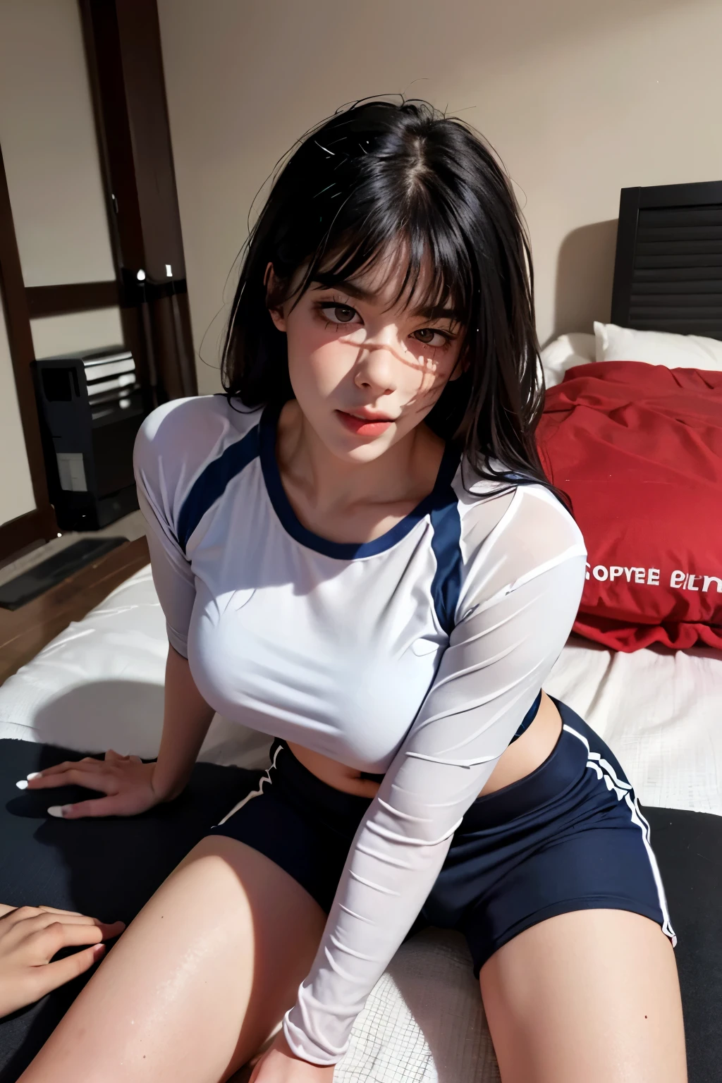 (Surreal), (figure), (High resolution), (8k), (Very detailed), (best figure),(Shooting from above)、(Detailed Background bedroom:1.2)、 Yoru ( Chainsaw Man ), (Beautiful fine details), (highest quality), (Super detailed), (masterpiece), (wallpaper), (Detailed face), alone,, Focus on the face, 1 girl, Long black hair, Korean, Light eyeshadow, Well-detailed eyes, Brown eyes, Small mole under eye,((School-designated gym clothes))((White gym clothes for the upper body、Long hem))、((Dark blue tight bloomers))、(((Tuck the bottom of your gym clothes into your bloomers)))、Big Breasts、((The upper body is wearing gym clothes))、((bedroom))、Looking into the camera、、Full body photo、Focus on the crotch、Exposing thighs、((Raise your knees and spread your legs))、(On the bedに寝転がる) 、Low light, On the bed,