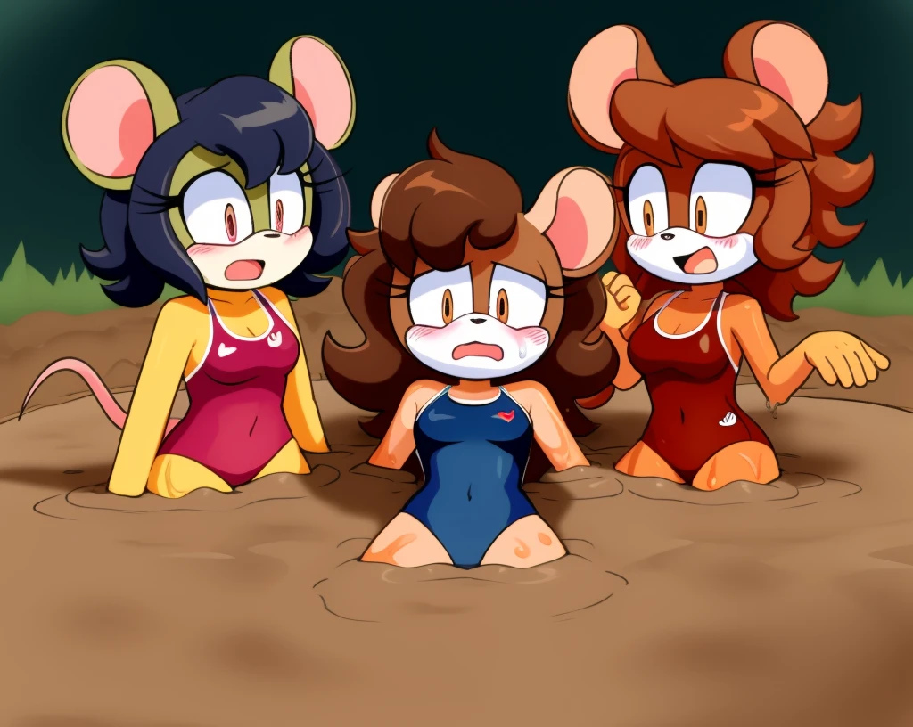 Mobian girls, best quality, HD, full body, sexy breasts, mouse gurl, old school swimsuit, swimsuit, wet, blush, 9girls, 12girl lying on back, group peril, multiple girls, 5girls together, hair, 5girls upper body, 5girls in quicksand, hair, dripping, twintails, curly hair, hair, tightspace, group, multiple girls, open mouth, masterpiece, wamudraws, sad, blue one-piece swimsuit, quicksand, sinking, 5girls in quicksand, scream, hands up, gurgling, drowning, orgasm, challenge, lying, on back, group lying, group sinking, cowboy shot, T46405