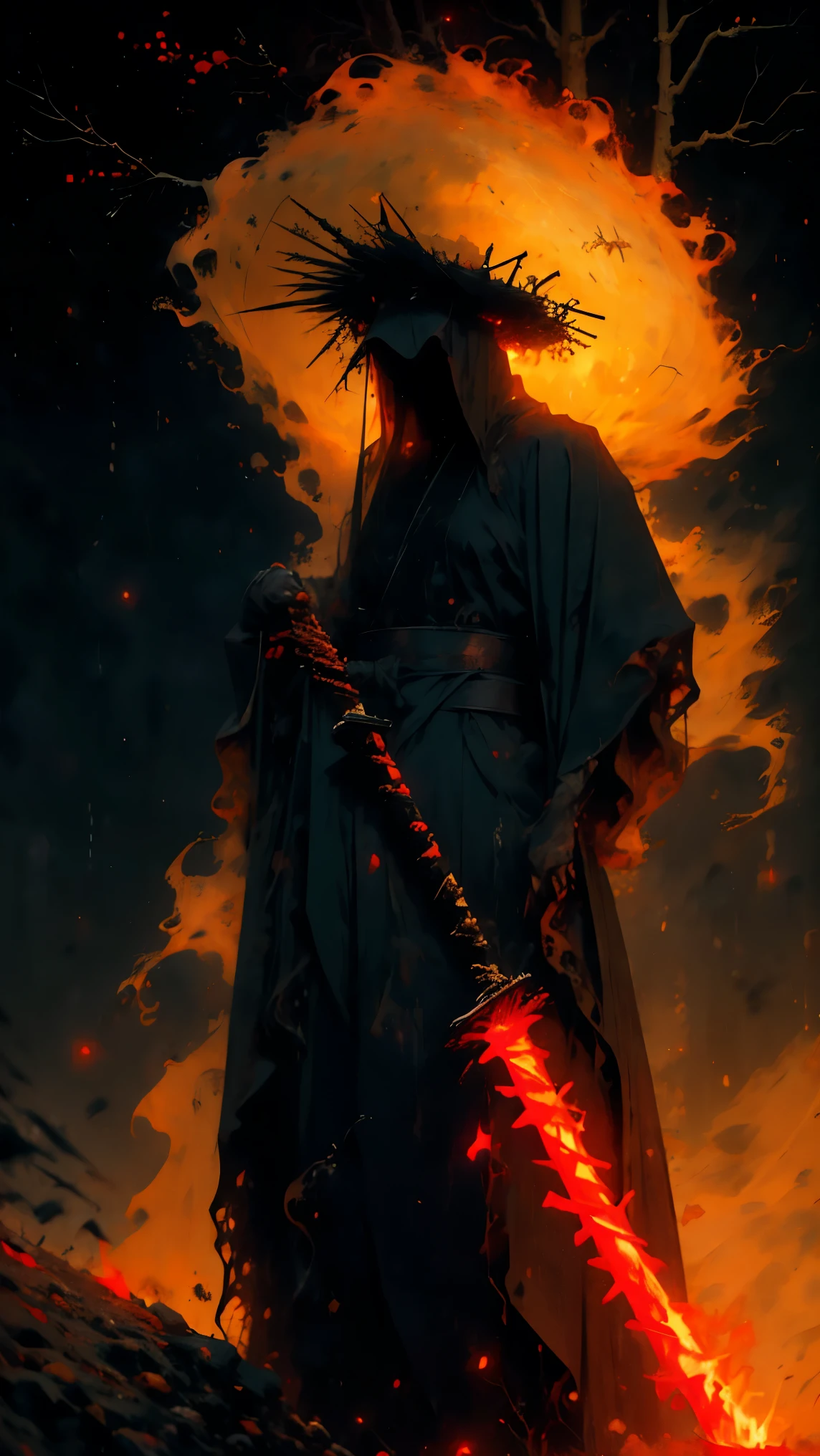 (Best quality, ultra detailed), dark, wet, artificial raindrops falling, ancient Japanese warrior standing in the rain, traditional Japanese bamboo hat (kasa), dense forest landscape, majestic and serene nature, full moon shining in the sky nocturnal, black kimono with fluorescent red stripes that glow in the moonlight, sharp and drawn samurai sword (katana),