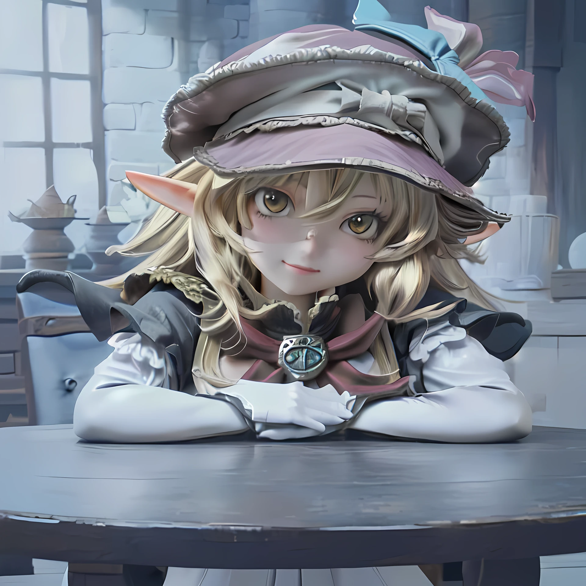 Anime girl sitting at a table wearing a hat, change, Lalafel, Also, Marisa Kirisame, Alchemist Girl, Anime 3D Art, Art 2, 2D art, Boris Valejo. Octopath Traveler, Kirisame Marisa, Made with Anime Painter Studio., Portrait of an elf, Drawing in Anime Painter Studio