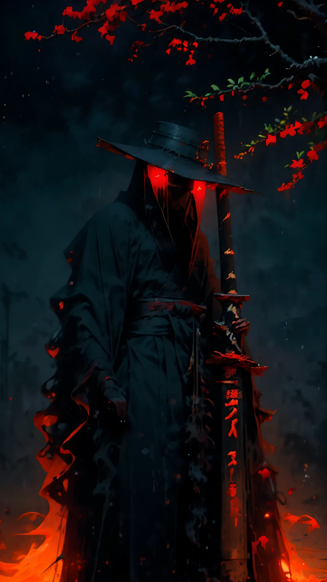 (Best quality, ultra detailed), dark, wet, artificial raindrops falling, ancient Japanese warrior standing in the rain, traditional Japanese bamboo hat (kasa), dense forest landscape, majestic and serene nature, full moon shining in the sky nocturnal, black kimono with fluorescent red stripes that glow in the moonlight, sharp and drawn samurai sword (katana),
