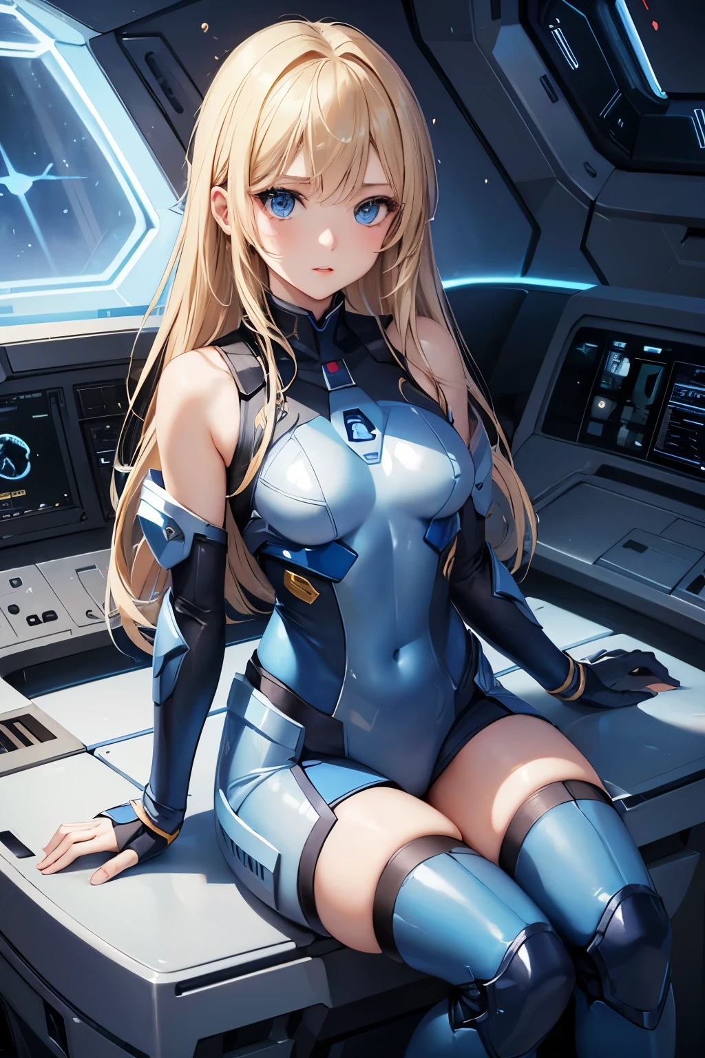 One beautiful woman。Very cute woman。Detailed drawing of faces。Beautiful double eyelids。Straight nose。Well-shaped lips。Blonde hair and blue eyes。Twenty years old。She is wearing a blue battle suit。She is sitting at the controls of a small spaceship.。Masterpiece。