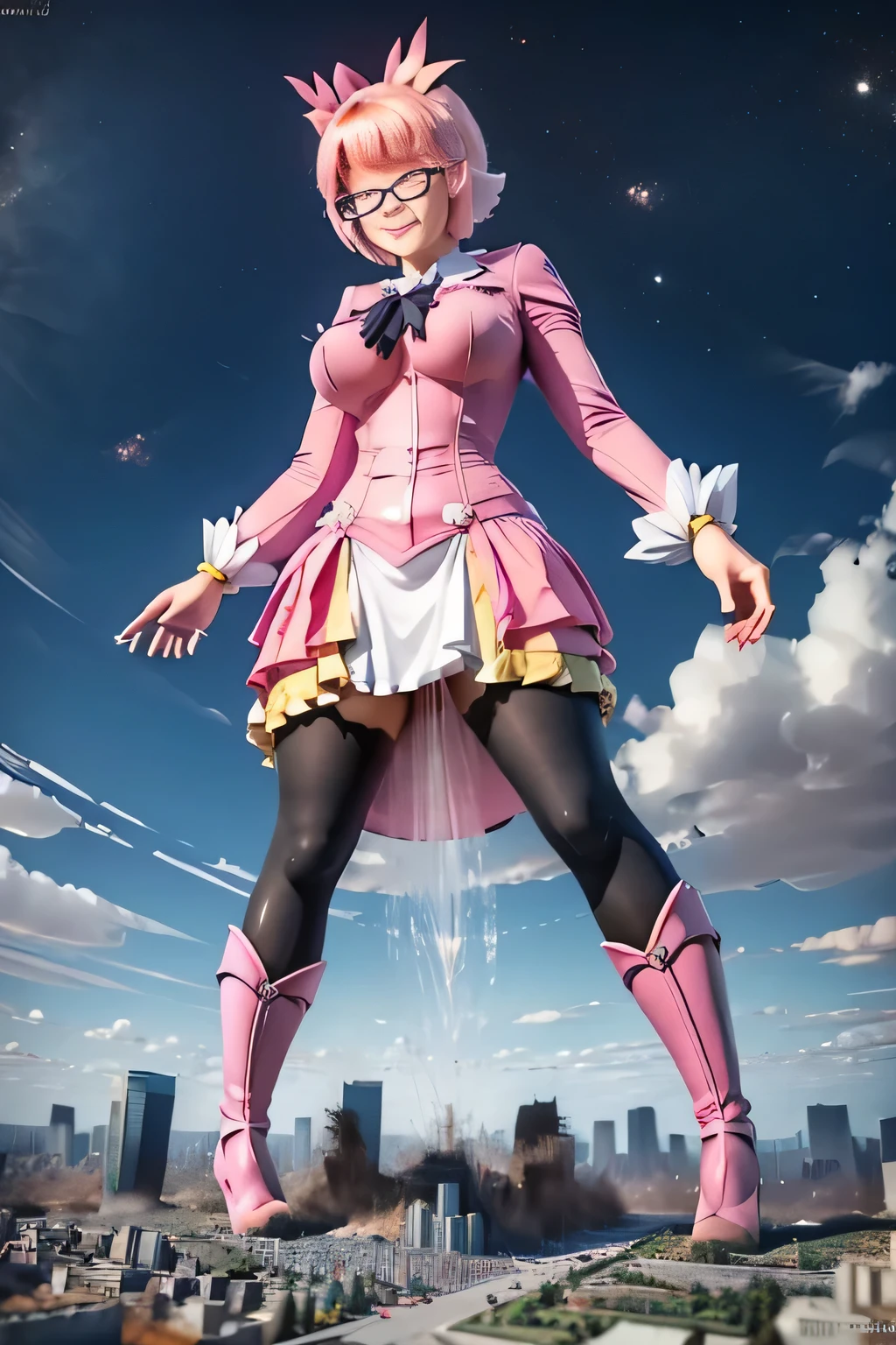 giantess art, highly detailed giantess shots, giantess, Two legs, Five fingers, short hair, A beautiful girl who is bigger than a skyscraper, Wearing rimless glasses, smile, huge breasts, pink dress, bow, magical girl, holding a magical wand, black pantyhose, pink stiletto heels, thunderbolt from a magical wand, Destroying cities, A very small big city, Miniature metropolis, Full body description, GTS, giga giantess, stomping city, crash city, tiny city, micro city, pantyhose feet, High resolution, highest quality, masterpiece, peeing self, futanari, erect penis pushing up the skirt, 