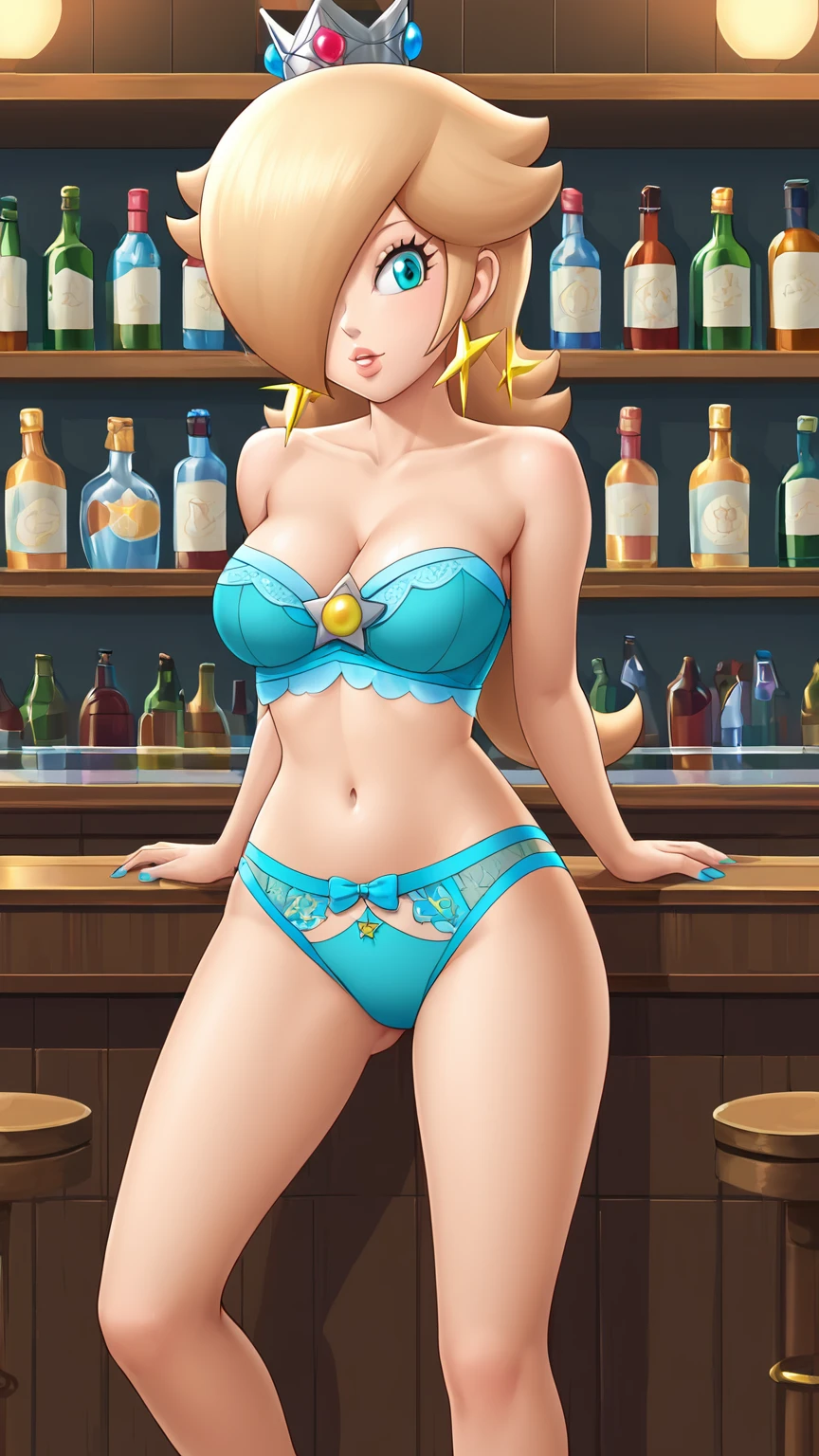 score_9, score_8_up, 1girl, solo, rosalina, style parody, thick outlines, (((blue lingerie))), sleeveless, strapless, cleavage, indoors, bar, crown