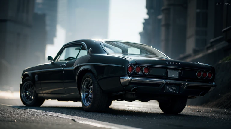 1960s luxury sedan, rear view, futuristic fantasy, epic sci-fi scene, intricate detailed design, glossy metallic body, glistening chrome accents, dramatic lighting, moody atmosphere, cinematic composition, photorealistic rendering, masterpiece, (best quality,8k,highres,masterpiece:1.2),ultra-detailed,(realistic,photorealistic,photo-realistic:1.37),cinematic lighting,dramatic shadows,volumetric fog,glowing energy field,gleaming chrome,aerodynamic body,intricate details,sleek and stylish