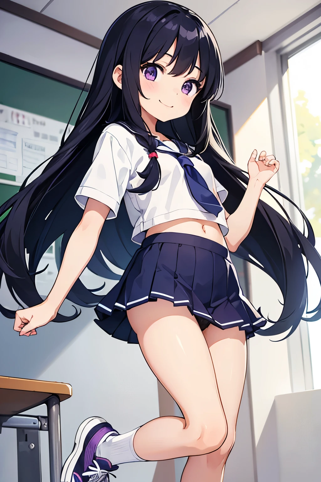 Elementary school girl, , flat chest, black hair, long hair, purple eyes, smiling(1 person) White short-sleeved gym uniform on upper body、Navy blue bloomers and white panties White socks sneakers School corridor Are standing Dynamic Angle Low - Angle