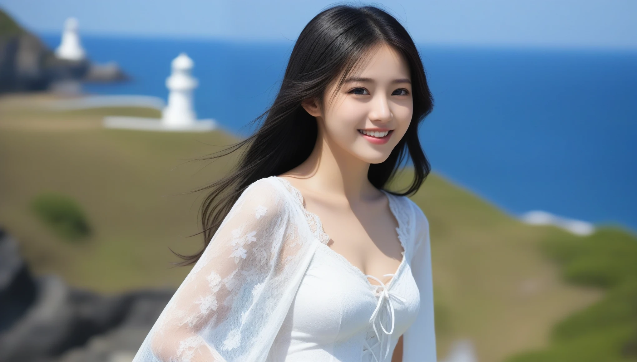 8k, Ultra-high resolution, highest quality, masterpiece, 三分割法によるphotograph,Surreal, photograph, 1 girl, (:1.3), pretty girl, Cute Face, Beautiful eyes in every detail, 細かくdetailedに,masterpiece,, One Girl:1.2, Japan Female Announcer、Beautiful Japanese Women,Black hair fluttering in the wind,Long Straight Hair,((Dress nicely)), ((Lace-up dress)),Cape Lighthouse,horizontal line,Summer sunshine,Feeling clean,smile ,Looking at the audience、beauty,Long neck、Laugh a little、Please close your mouth and laugh、(((Ideal body type))),A-cup small breasts :2,whole body、Perfect Anatomy、鮮明なdetailed、detailed、Surreal、Light and shadow,Strong light