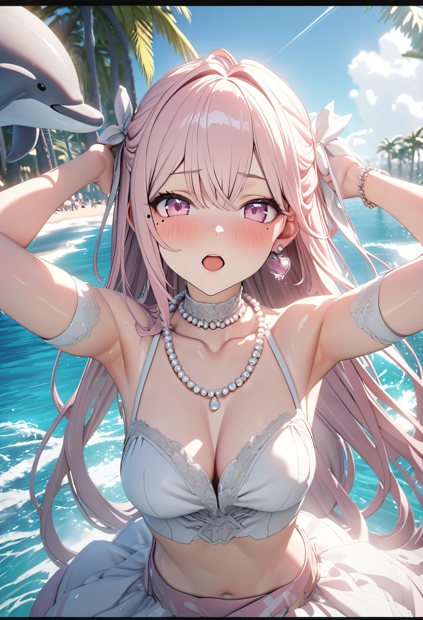 masterpiece, best quality, highly detailed, high resolution, expensive resolution, high resolution, 4k, 8k, Unity 8k wallpaper, highly detailed CG, masterpiece, 2d, 3d, beautiful details, depth, fine texture, best quality: 1.3, perfect focus, crispy skin, him, very cute anime girl, girl with pearl necklace and pearl earrings, idol. Background is ocean with dolphins jumping, scallops dancing, palm trees, expensive, pink medium long hair, mole under eye, looking at the viewer, expensive, blush, mole, open lips, , heart, pink eyes, choker