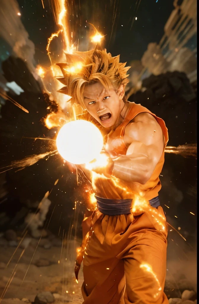 (Best quality, 8k, 32k, Masterpiece, UHD:1.2) "Transform the scene into a dynamic and intense moment with Son Goku energizing a powerful Kamehameha. Picture Goku in his iconic stance, hands cupped together as he channels immense energy, the glowing blue orb of the Kamehameha forming between his palms. His expression is one of fierce determination, his muscles tensed and aura flaring.

The surroundings are engulfed in a cosmic blaze, with flames swirling around him, fueled by the sheer power of the attack. These flames are not ordinary; they shimmer with a cosmic radiance, reflecting hues of blue, purple, and white, reminiscent of the birth of a star. The ground beneath Goku cracks and splinters, unable to withstand the immense force emanating from him.

Around the charged Kamehameha, a swirling vortex of dust and debris spins rapidly, caught in the gravitational pull of the concentrated energy. The dust particles glow faintly, illuminated by the energy sphere, creating a mesmerizing and chaotic dance of light and shadow.

The sky above is a maelstrom of cosmic activity, with swirling galaxies and nebulae casting an otherworldly glow over the scene. Lightning arcs through the air, crackling with energy and adding to the dramatic intensity. The entire environment vibrates with the raw, untamed power of Goku’s Kamehameha, highlighting the monumental scale of his strength.

Capture the essence of this iconic moment by emphasizing the cosmic and fiery elements, the swirling dust and debris, and the sheer power and intensity radiating from Goku. The scene should evoke a sense of awe and exhilaration, showcasing the extraordinary might of one of the most powerful attacks in the Dragon Ball universe."