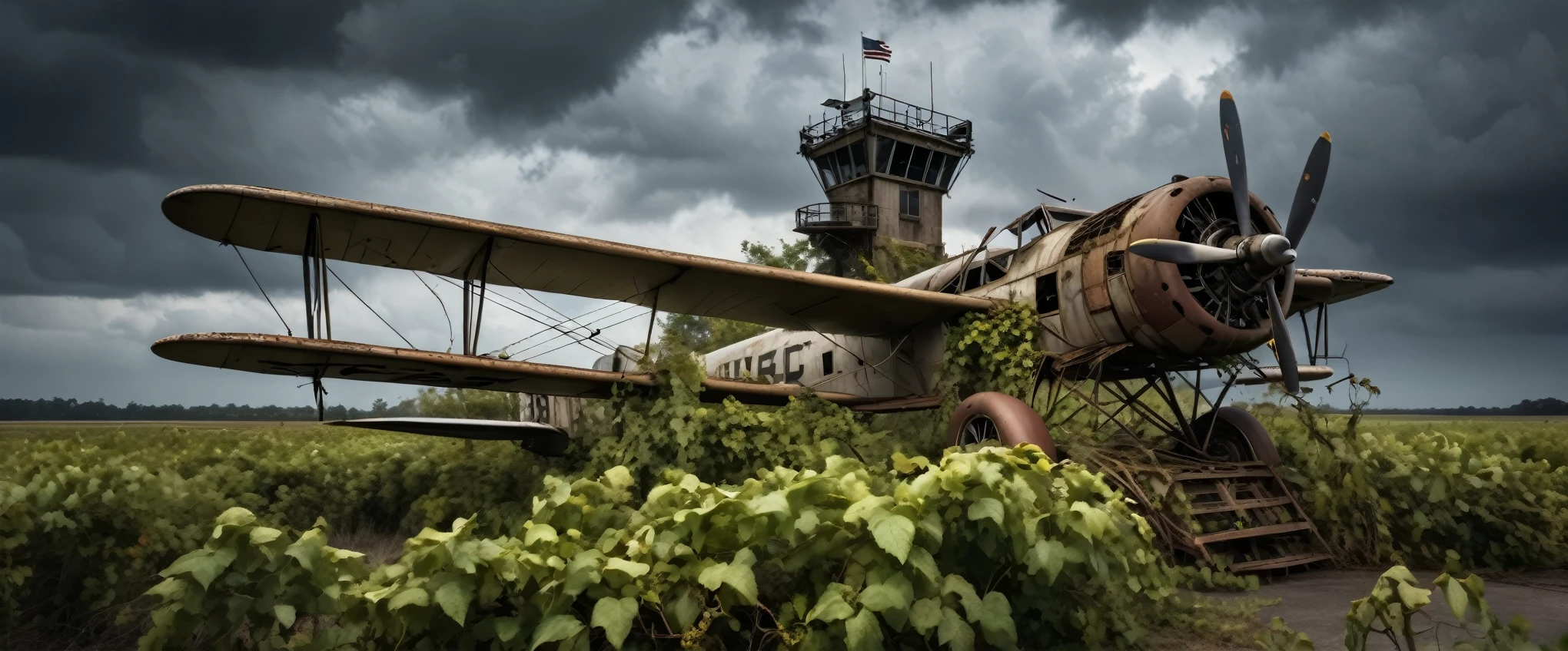 A weathered old control tower, overgrown with vines, a rusted vintage BI Plane stearman parked on the runway, a gnarled dead tree standing in the foreground, dramatic cloudy dark sky, cinematic lighting, muted earthy tones, high detail, photorealistic