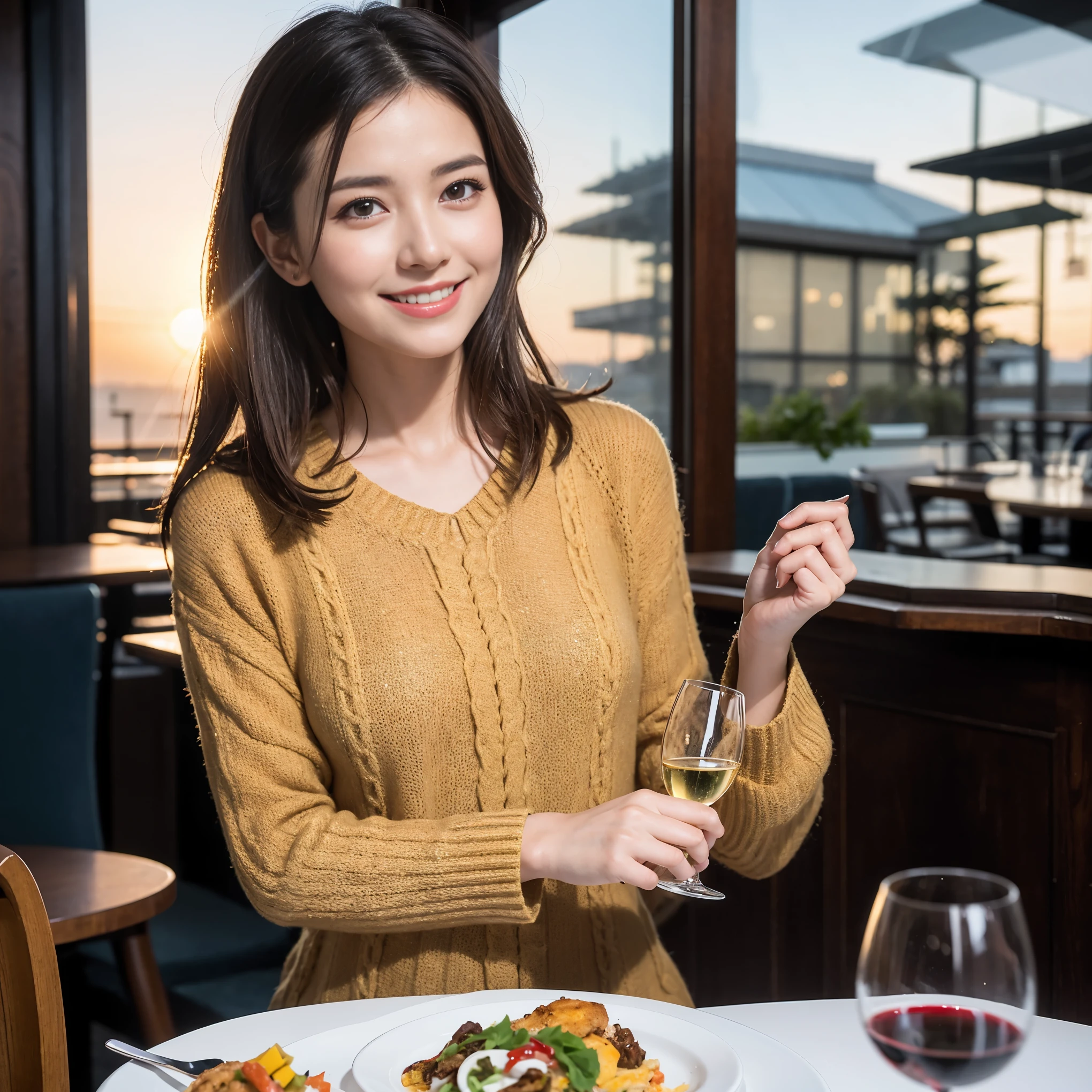 ((highest quality、8k、masterpiece:1.3))、A beautiful woman who looks like Rae Dunn、1 male、1 female、Couple、Spouse、The body is slim、((Bob Hale、Straight hair:1.2)), (Realistic, Intricate details:1.2), full-course dinner、テーブルの上のwine glass、Put the light on your face、 Amazing view of the sunset sky and clouds、A bright smile、The wonderfulness of smile、Bright image、The beauty of wine, Beautiful Face, blue eyes, The light shines on your face, Blushing, short hair,Bright Face、 (Age 44), 43 years old, red wine 、Appetizers、Italian food、Wine bottle、Champagne、sparkling wine、Two beauties、Brown Hair、Shortcuts、Long sleeve shirt、dress、Pretty Woman 1, (slimな顔), (The body is slim), (Brown Hair), (Shortcuts), cheeks turn a little red,Attractive beauty、restaurant, In a prominent place (From the waist up) Nova Frog Style, actress, model, Upper Body, White wine, slim, wine glass, A wine glass placed in the center, smile, (smile: 1.15), Beautiful fine grain, Depth f/2,saturation, High Contrast, Strong light and shadow,Moist Body:1.5、3D texture、Delicate eyes、Brown Hair、The hair is very shiny、