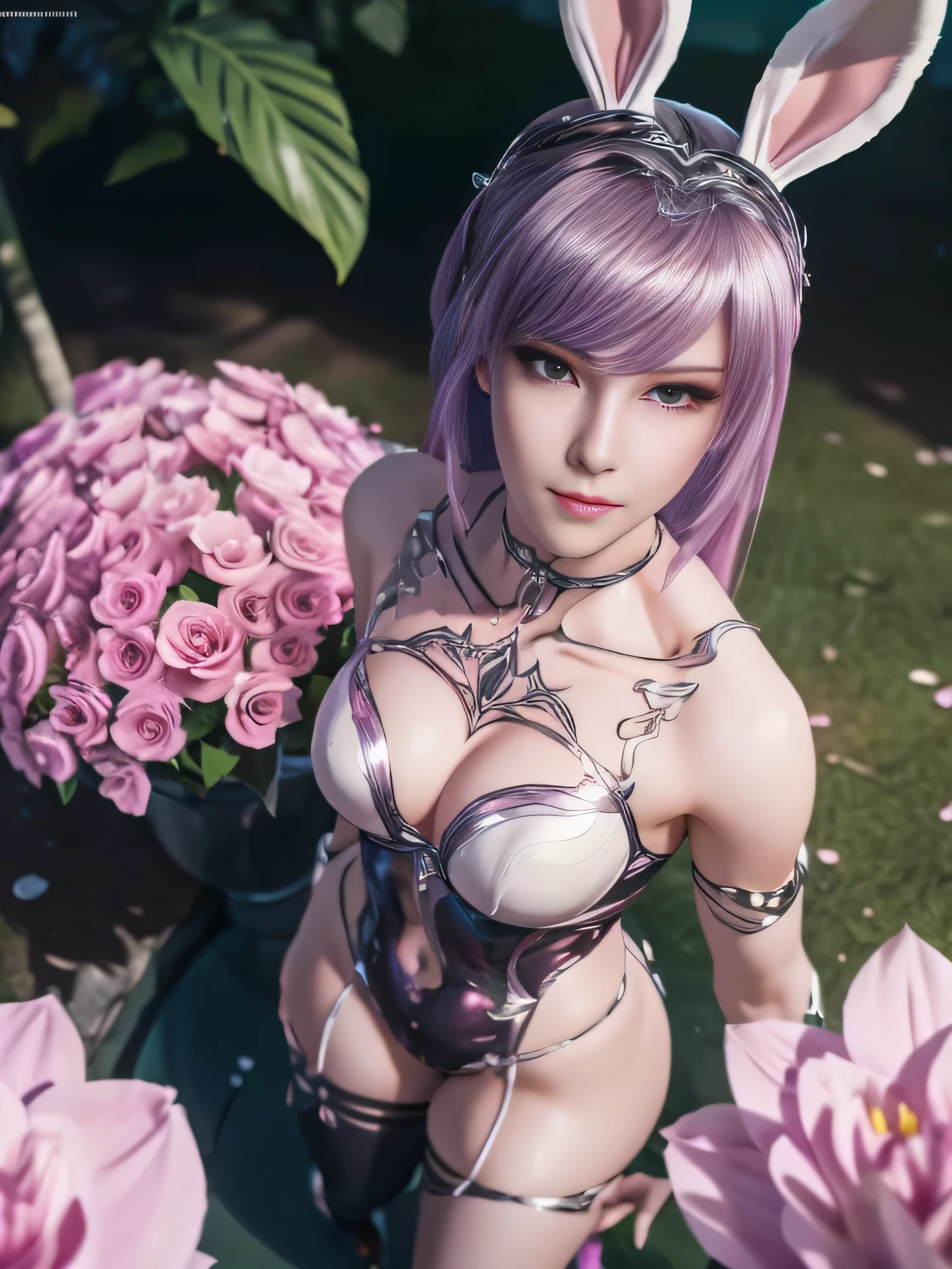 (Best Quality, 8K, Masterpiece, HDR, Soft Lighting, Picture Perfect, Realistic, Vivid), Bunny Girl (1.0), Bunny Girl with Pink Hair and Sexy Skimpy Clothes, pink bodysuit with glitter texture, Beautiful anime fantasy, Very beautiful and cute bunny girl, rain of pink flower petals, background blur, anime fantasy, work in Gouves style, realistic: 1.37, top view, lying in pink flowers, horizontal view, (Ultra High Quality Fantasy Art), Masterpiece, Female Model, Ultra High Quality Female Character Designs, Detailed 8k Anime Art, Realistic Anime Art, Highest Quality Wallpapers, Intricate Ultra High Quality Accurate Female Characters Faces, High Quality Designs and Accurate Physics (Fantasy- ultra-high quality art), dark fantasy style), masterpieces, super high quality characters, anime resolution - 8K, realistic anime art, wallpapers with the highest quality illustrations, ultra-high facial detail, high-quality design and accurate physics), color, depth of field, shadows, ray tracing, high quality workmanship. -high-quality and 8K resolution, (Accurate simulation of the interaction of light and materials)], [High-quality hair detail [More about beautiful and shiny white hair]], (Beautifully detailed hands [perfect fingers [Perfect nails]]]]]], (perfect anatomy (perfect proportions)))) [[Full-length]], [Perfect combination of colors (Accurate imitation of the interaction of light and material)], [art that conveys the meaning of history]