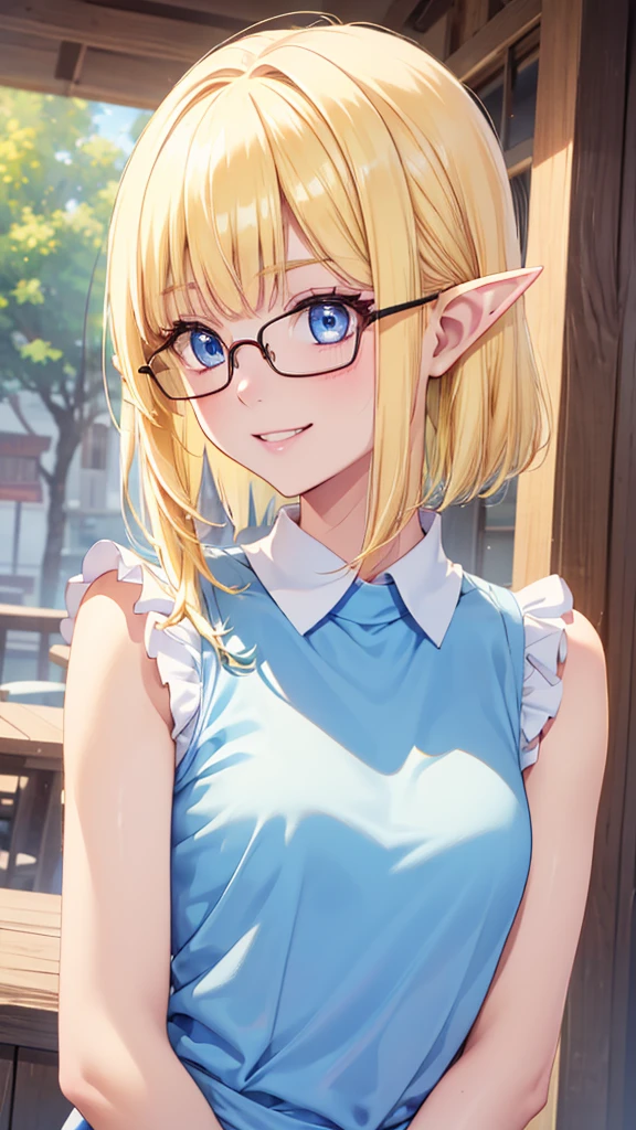 Very close、((Focus on the upper body))、16k、masterpiece、High resolution、High resolution、((****ung elven woman))、((Beautiful white skin))、((Beautiful blonde))、((Small breasts))、Bunhead、short hair、((Beautiful Blue Eyes))、((Pointed Ears))、Smiling Kindly、Grin、blush、Pink Lip Gloss、Shiny skin、((Blue sleeveless summer sweater with ruffles))、((In a crowded city))、((Glasses with large lenses))