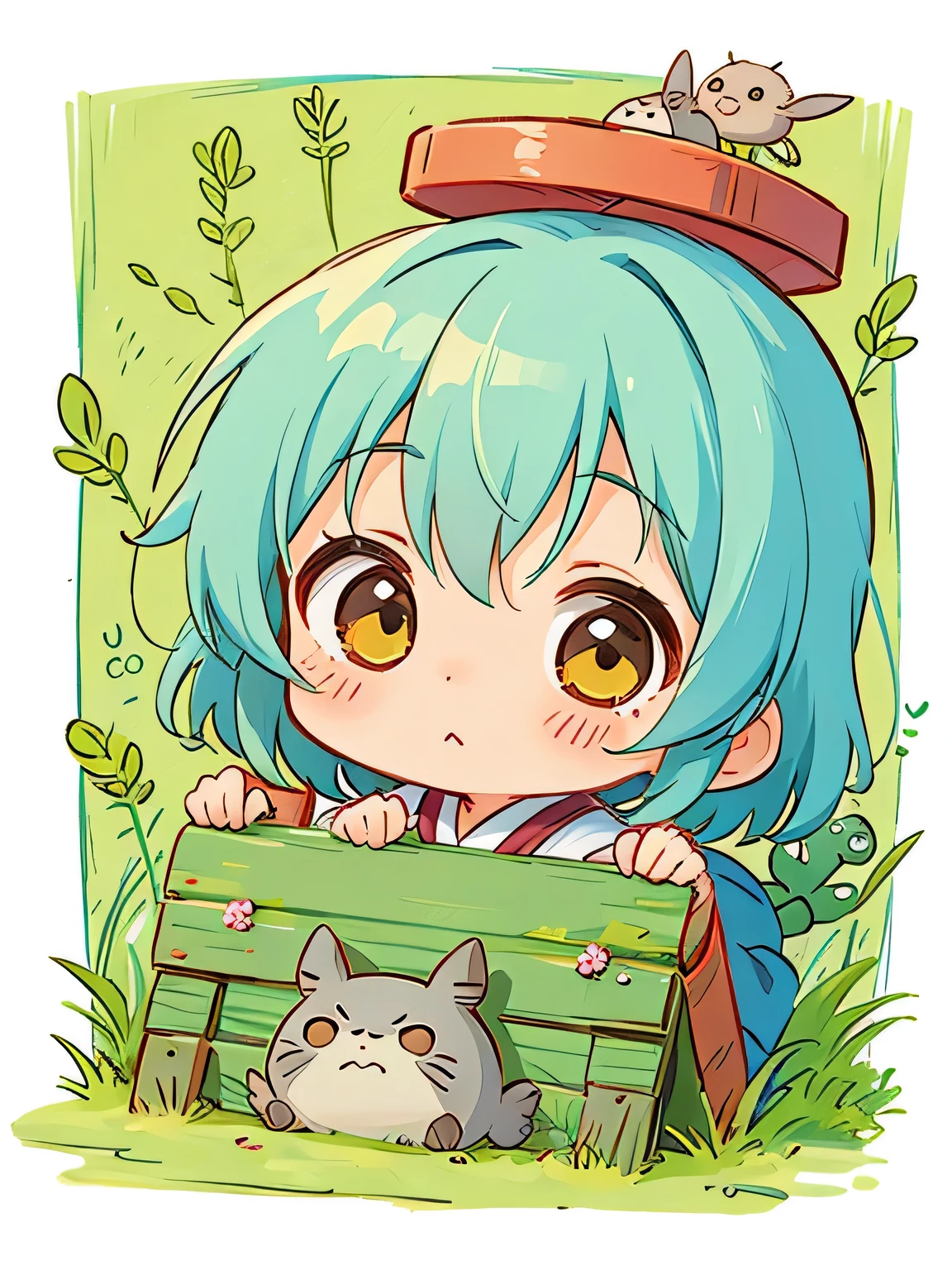 Hayao Mayazaki style, Kawaii Design, The most beautiful girl of all time、Chibi, hide and seek, totoro