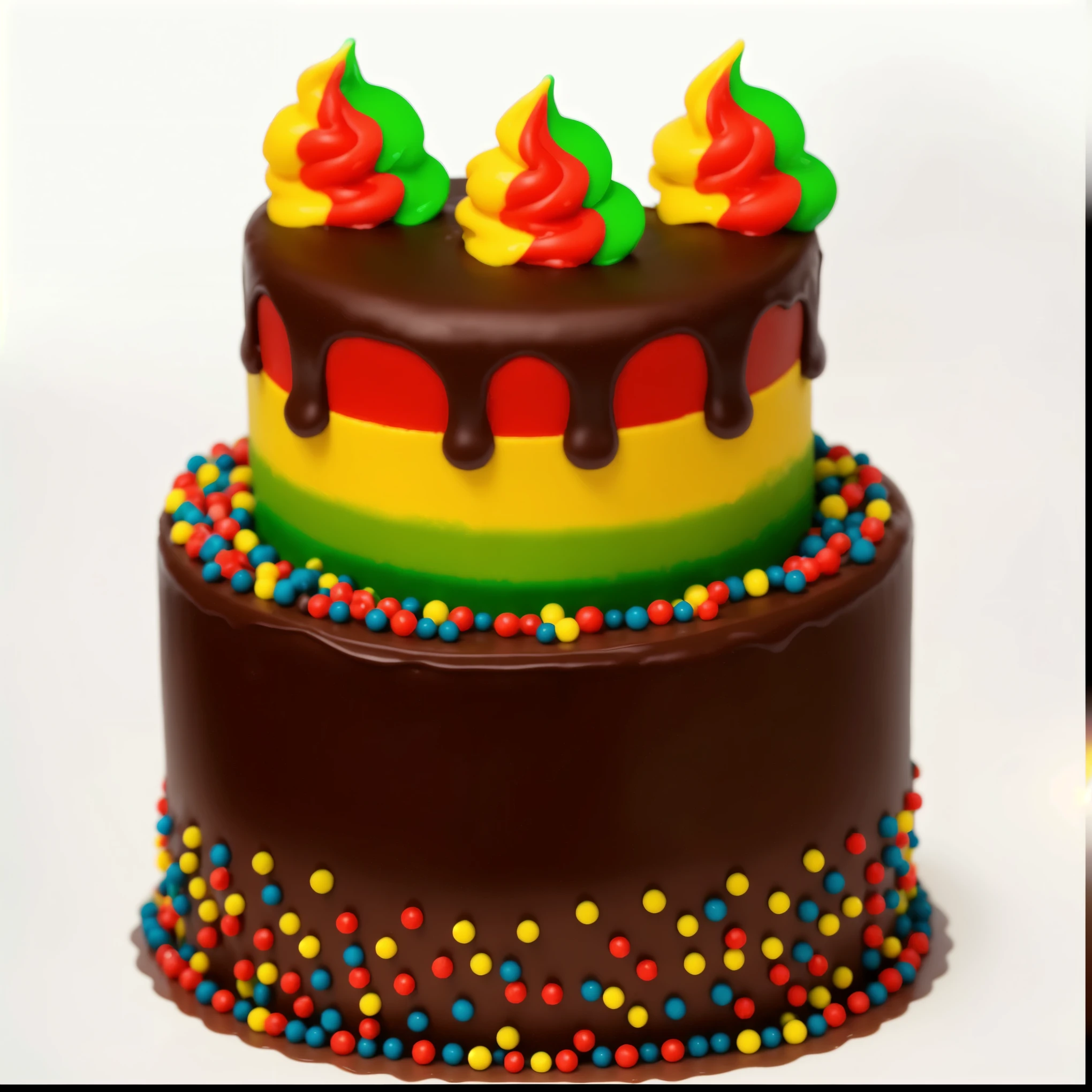 two tier chocolate cake, top tier of green yellow and red cream. chocolate surface with drips, cream swirls of red green and yellow, colorful beads,  White background, bright lighting, high-quality render, High quality, Multiple light sources, realistic style, realistic texture, Detailed texture, ULTRA HD 8K, Multiple light sources, Bright light source 