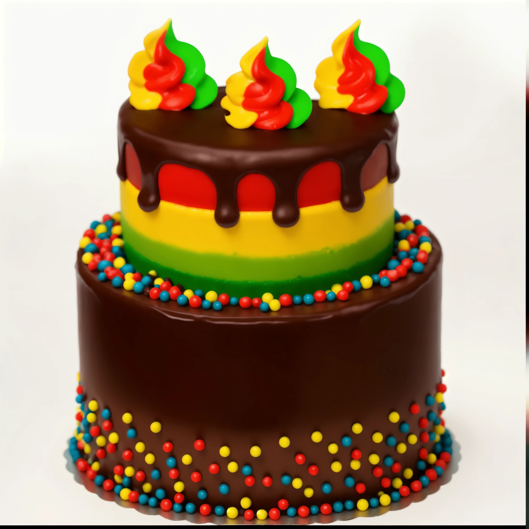 two tier chocolate cake, top tier of green yellow and red cream. chocolate surface with drips, cream swirls of red green and yellow, colorful beads, White background, bright lighting, high-quality render, High quality, Multiple light sources, realistic style, realistic texture, Detailed texture, ULTRA HD 8K, Multiple light sources, Bright light source