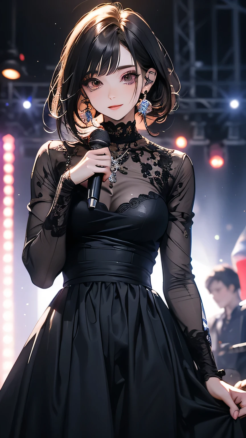 One girl, alone, highest quality, masterpiece , Hoshino Ruby, hair ornaments, Shining Eyes, Stars in my eyes, (Star in the right eye:1), (dress:1.4), (Concert 1), On Stage,