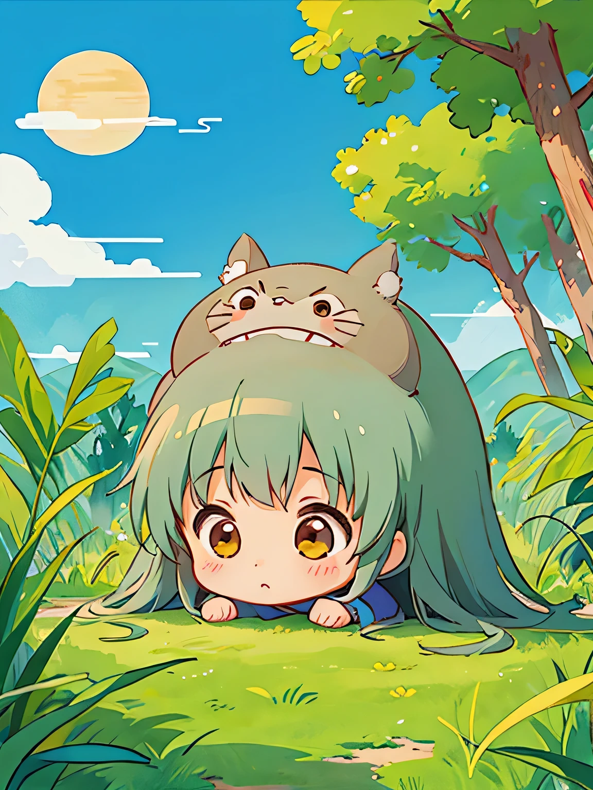 Hayao Mayazaki style, Kawaii Design, The most beautiful girl of all time、Chibi, hide and seek, totoro
