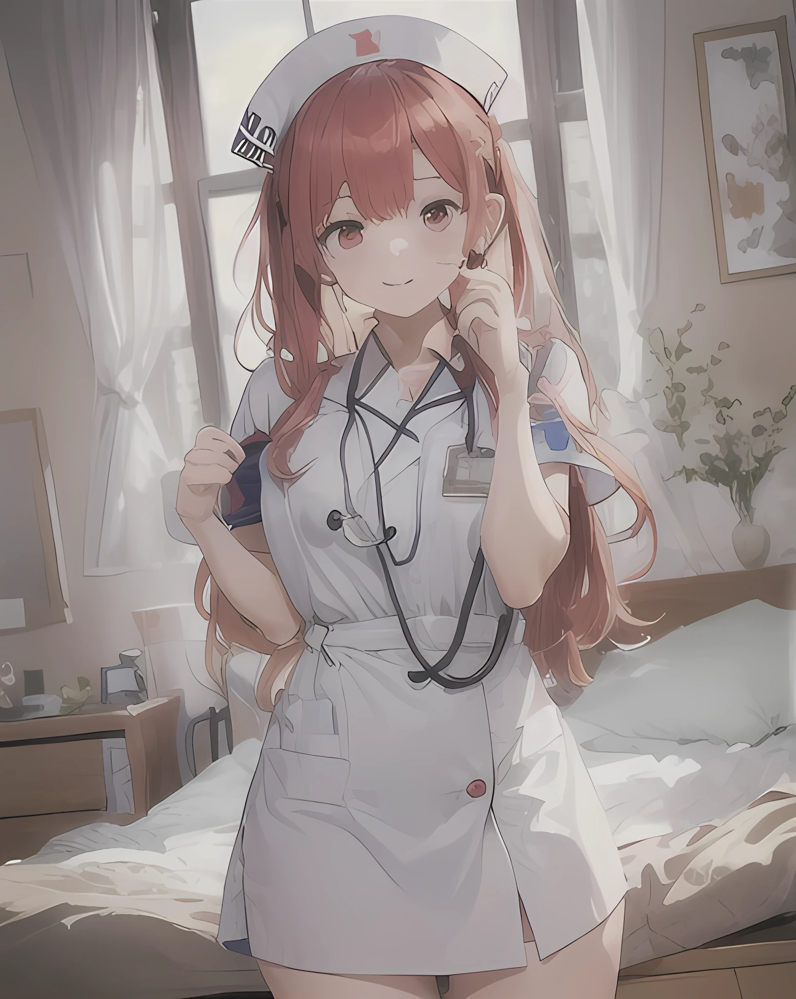 1 girl, Redhead, Facial hair, Red eyes, sexy、erotic、High Contrast、cute、highest quality, Very detailed, The most delicate and beautiful, High resolution, (highest quality,4K,8k,masterpiece:1.2)、Thighs、barefoot、Nurse uniform、Masturbation、黒いNurse uniform、Wooden Flooring、Wooden bed、Bedroom、Home、bed、Simple clothes、Simple design、Doctor Costume