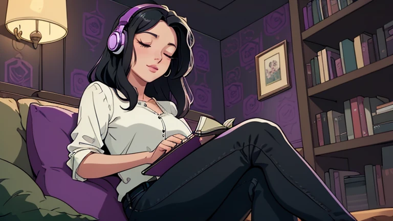 Beautiful woman in her 30s with black hair is sitting with headphones on the sofa. Looking down, eyes closed, LOFI girl, alone in the room, blouse, cozy wallpaper, big cushion, bookshelf, relaxing mood, night core, cozy, wide glass window with skyscrapers, outside view at night, only five fingers, purple wall,