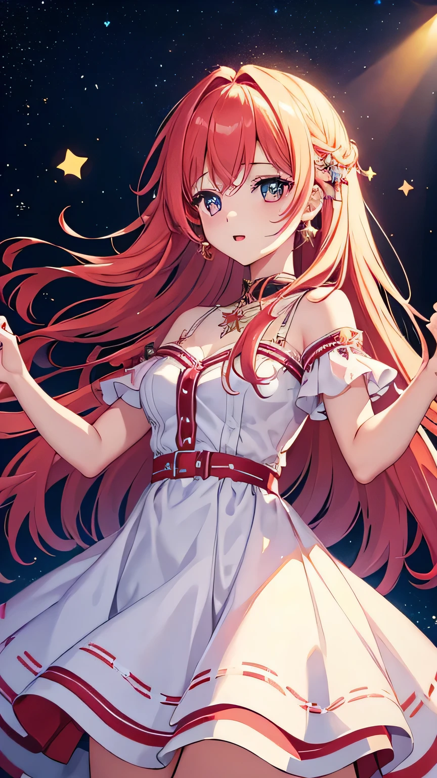 One girl, alone, highest quality, masterpiece , Hoshino Ruby, hair ornaments, Shining Eyes, Stars in my eyes, (Star in the right eye:1), (dress:1.4), (Concert 1), On Stage,