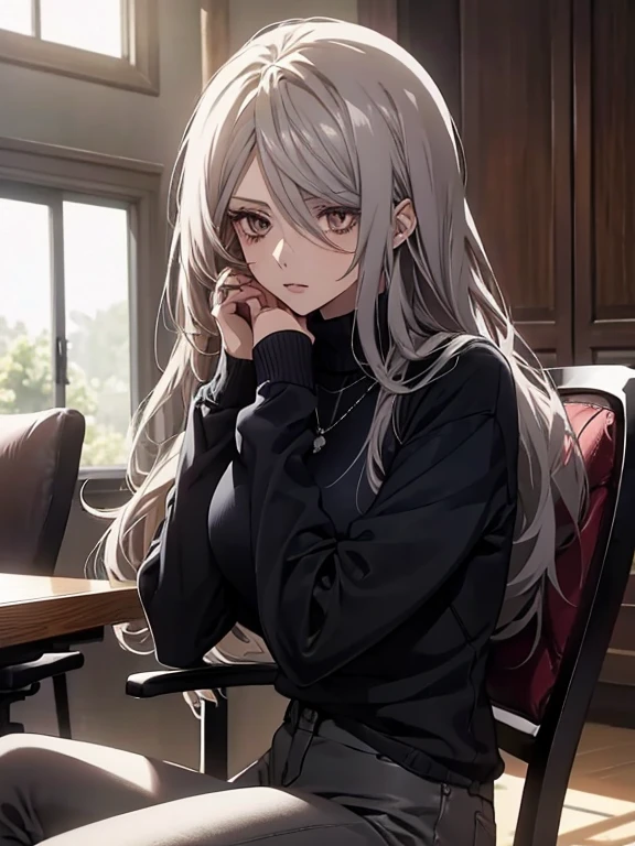 (Confused, High resolution, Very detailed), 1 female, Silver Hair,Long Hair,Reddish brown eyes,Black sweater,Jacket,Navy blue skinny pants,24th generation,beauty,mature,thin,quiet,Calm,Sitting on a chair in a conference room,talk,,Black sweater,