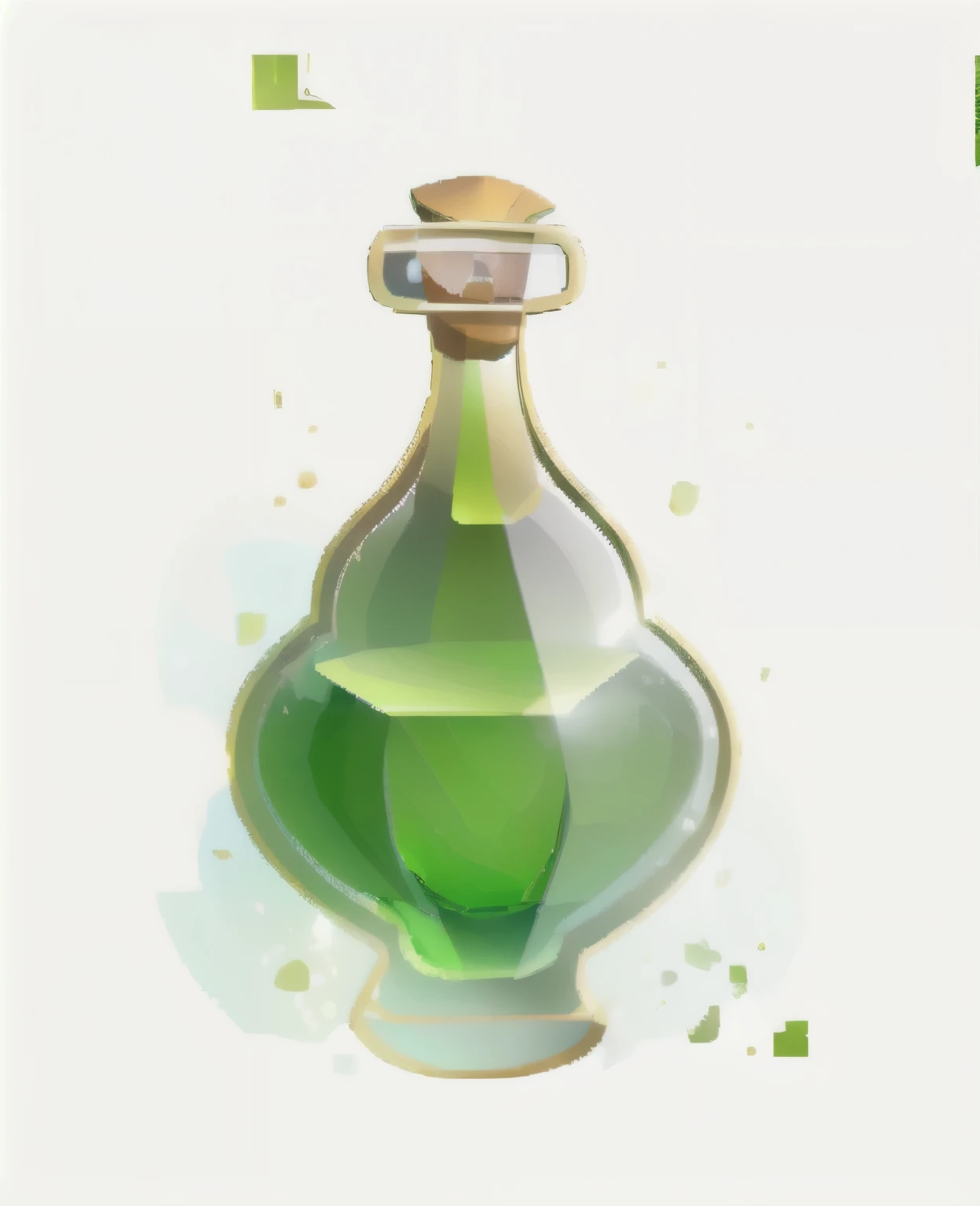 A potion with lime green-colored liquid inside a tall, faceted glass bottle. The bottle is adorned with intricate golden metal decorations on the neck and base, featuring delicate engravings of floral and mystical patterns. The lime green potion shimmers softly as if imbued with magical energy, creating an aura of luxury and mystery.