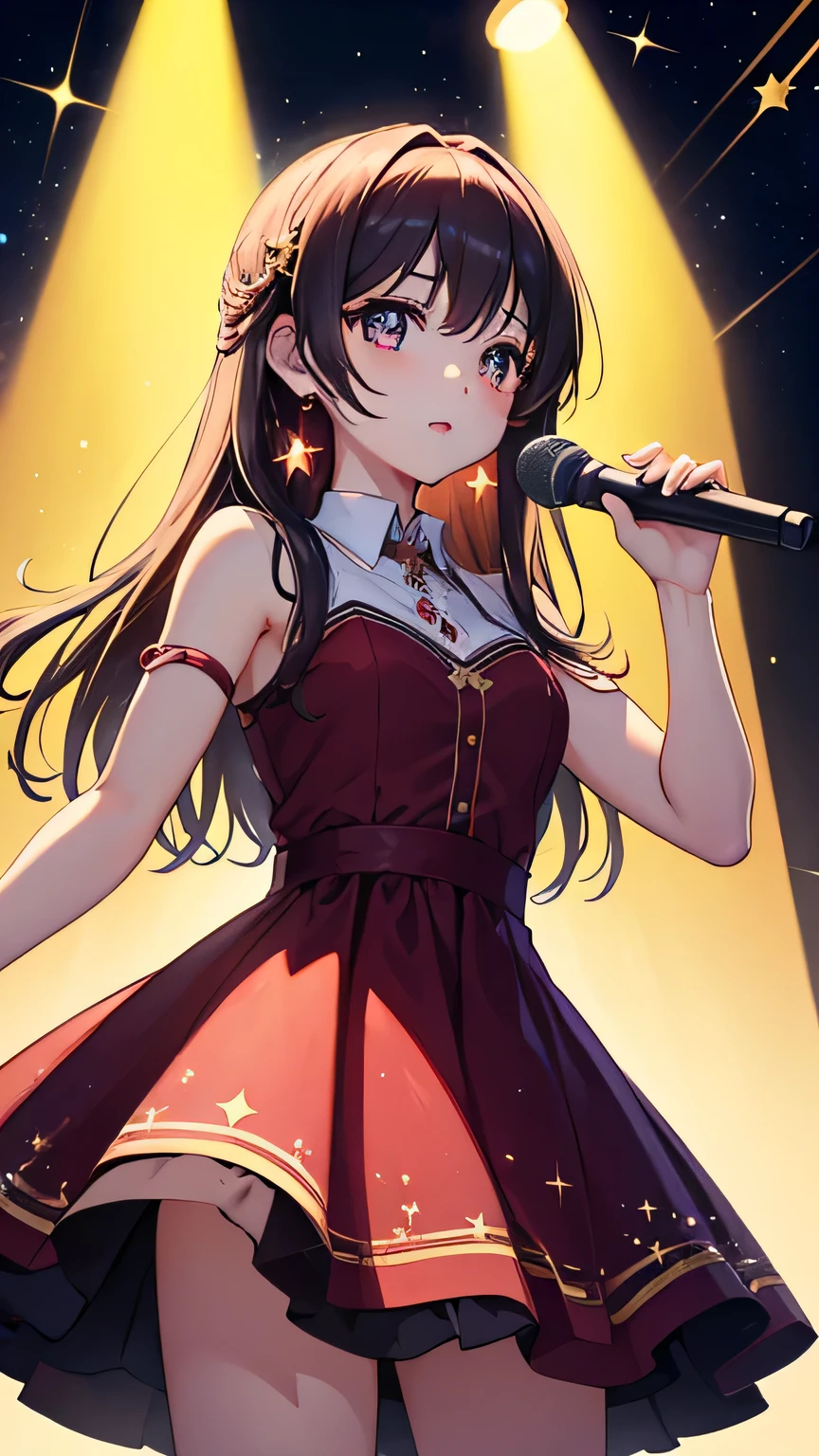 One girl, alone, highest quality, masterpiece , Hoshino Ruby, hair ornaments, Shining Eyes, Stars in my eyes, (Star in the right eye:1), (dress:1.4), (Concert 1), On Stage,