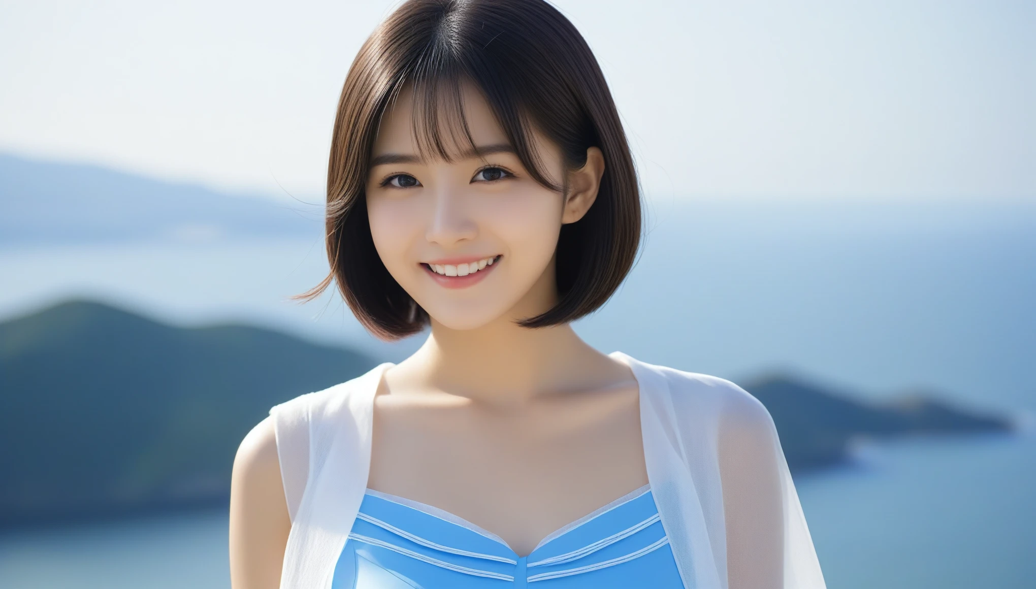 8k, Ultra-high resolution, highest quality, masterpiece, 三分割法によるphotograph,Surreal, photograph, 1 girl, (16 years old:1.3), pretty girl, Cute Face, Beautiful eyes in every detail, 細かくdetailedに,masterpiece,, One Girl:1.2, Japan Female Announcer、Beautiful Japanese Women,Black hair fluttering in the wind,Short Bob,((Dress nicely)),Cape Lighthouse,horizontal line,Summer sunshine,Feeling clean,smile ,Looking at the audience、beauty,Long neck、Laugh a little、Please close your mouth and laugh、(((Ideal body type))),A-cup small breasts :2,whole body、Perfect Anatomy、鮮明なdetailed、detailed、Surreal、Light and shadow,Strong light