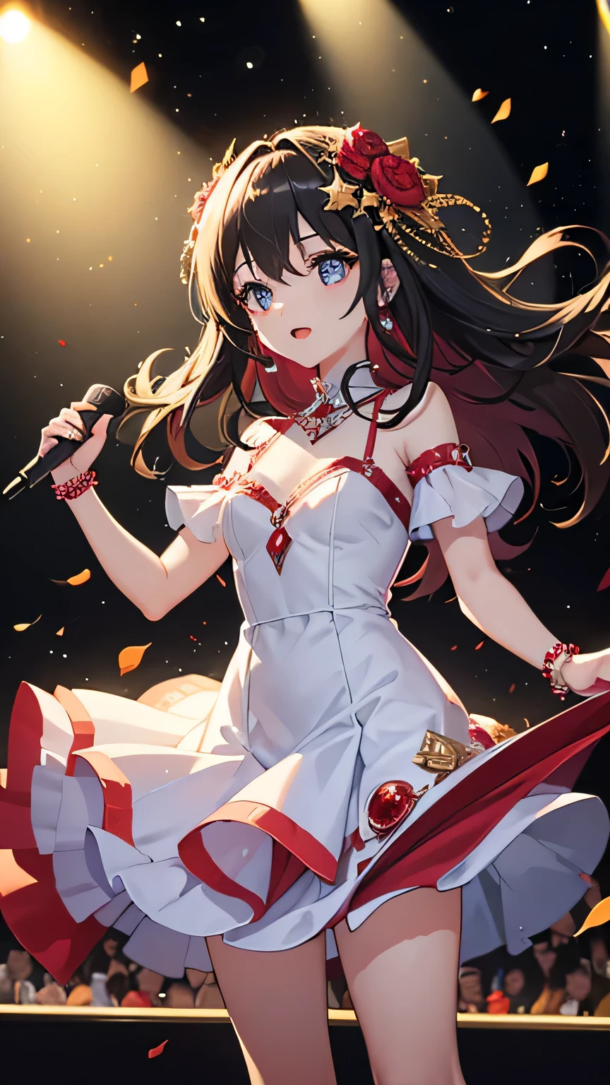 One girl, alone, highest quality, masterpiece , Hoshino Ruby, hair ornaments, Shining Eyes, Stars in my eyes, (Star in the right eye:1), (dress:1.4), (Concert 1), On Stage,