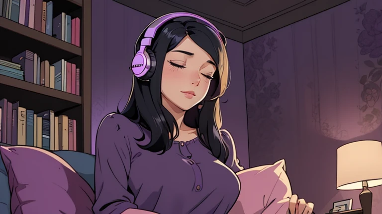 Beautiful woman in her 30s with black hair is sitting with headphones on the sofa. Looking down, eyes closed, LOFI girl, alone in the room, blouse, cozy wallpaper, big cushion, bookshelf, relaxing mood, night core, cozy, wide glass window with skyscrapers, outside view at night, only five fingers, purple wall,