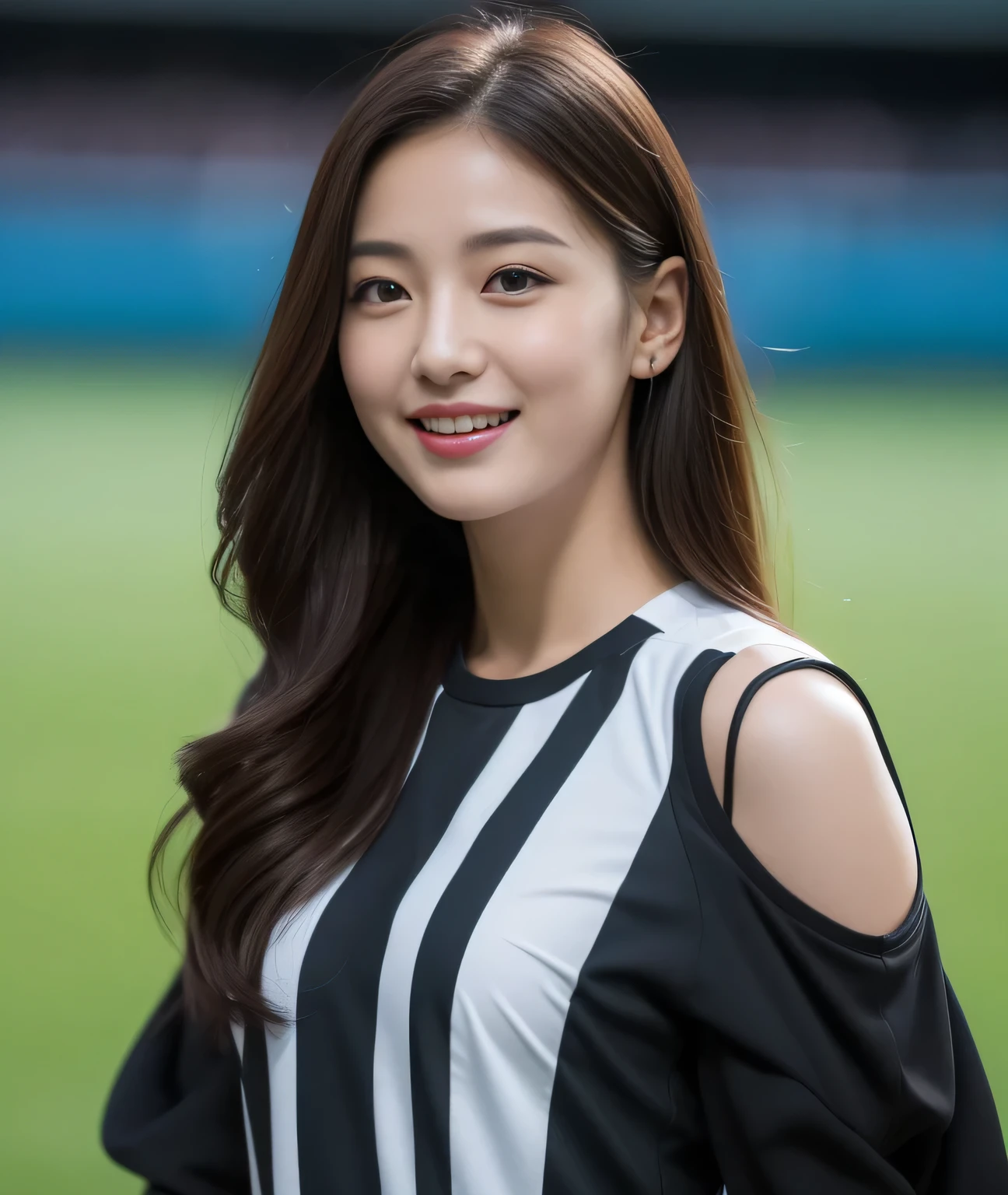 ((highest quality, 8k, masterpiece: 1.3)), beautiful, In addition, melon face, Friendly and cute, Cute smile, Pure Desire, Slender body, (whole body), (Tilt your head), ((looking at the camera)), Medium black silky straight hair, Long, flowing shoulders, Big, round, black eyes, Clear, big eyes, Moist red lips, Football Stadium, ((Whole body photography)), (Soccer Jerseys), (Mid-breasted),