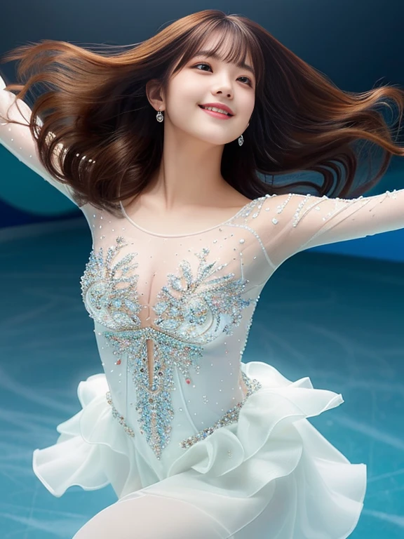 Photo-realistic quality、A female idol in a white dress is skating on an ice rink, Ice Princess, Wearing a white leotard, 20 year old Japanese model, !!beautiful!!, Wearing figure skating shoes, Detailed and beautiful eyes、Cute smile、A soft and gentle look,