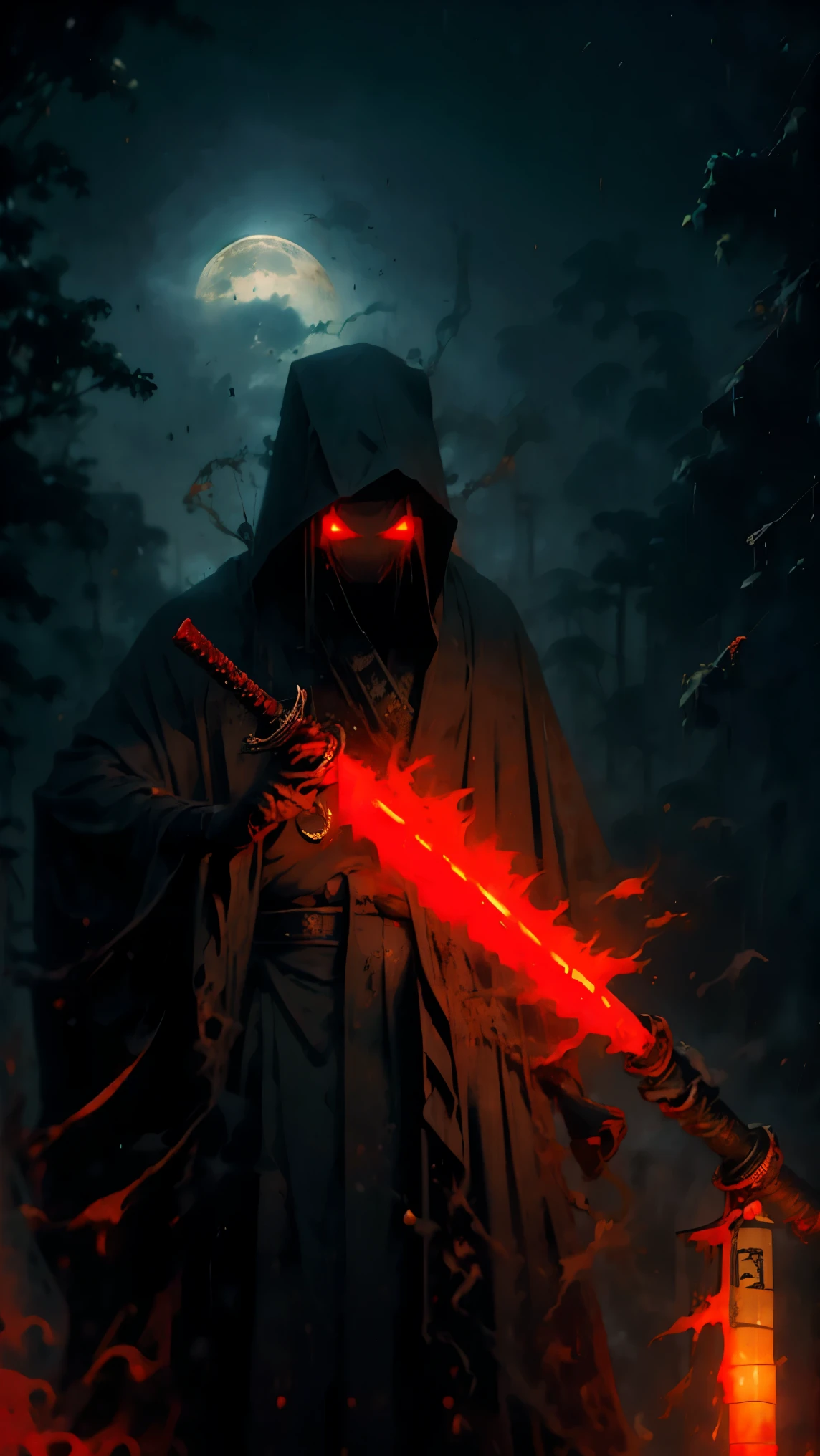 (Best quality, ultra detailed), dark, wet, artificial raindrops falling, ancient Japanese warrior standing in the rain, traditional Japanese bamboo hat (kasa), dense forest landscape, majestic and serene nature, full moon shining in the sky nocturnal, black kimono with fluorescent red stripes that glow in the moonlight, sharp and drawn samurai sword (katana),