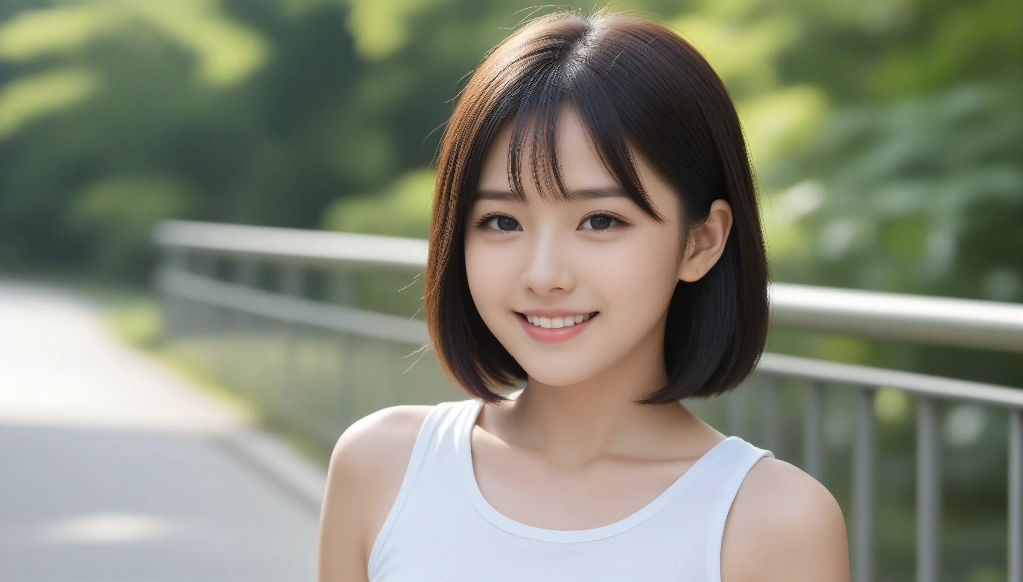8k, Ultra-high resolution, highest quality, masterpiece, 三分割法によるphotograph,Surreal, photograph, 1 girl, (:1.3), pretty girl, Cute Face, Beautiful eyes in every detail, 細かくdetailedに,masterpiece,, One Girl:1.2, Japanese junior high school students、Beautiful Japanese Women,Black hair fluttering in the wind,Short Bob,((Tank top and shorts)),Yotto Harbor,Summer sunshine,Feeling clean,smile ,Looking at the audience、beauty,Long neck、Laugh a little、Please close your mouth and laugh、(((Ideal body type))),A-cup small breasts :2,whole body、Perfect Anatomy、鮮明なdetailed、detailed、Surreal、Light and shadow,Strong light