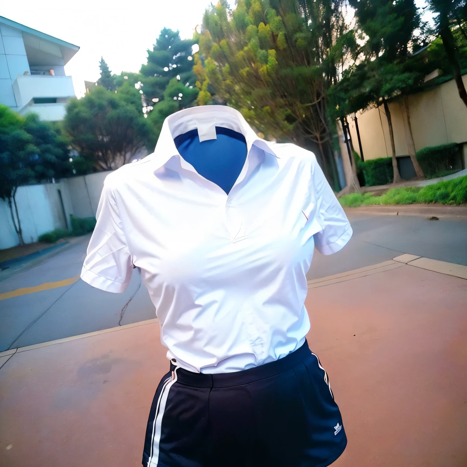 1girl, shirt, solo, gym uniform, realistic, white shirt, buruma, cute big breasts, (invisible, no human, headless, handless:1.5), (8k, RAW photo, best quality, masterpiece:1.2), (realistic, photo-realistic:1.37), photon mapping, radiosity, ((Hasselblad photography)), physically-based rendering
