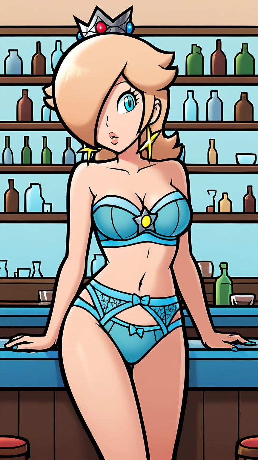 score_9, score_8_up, 1girl, solo, rosalina, style parody, thick outlines, (((blue lingerie))), sleeveless, strapless, cleavage, indoors, bar, crown, breasts focus,