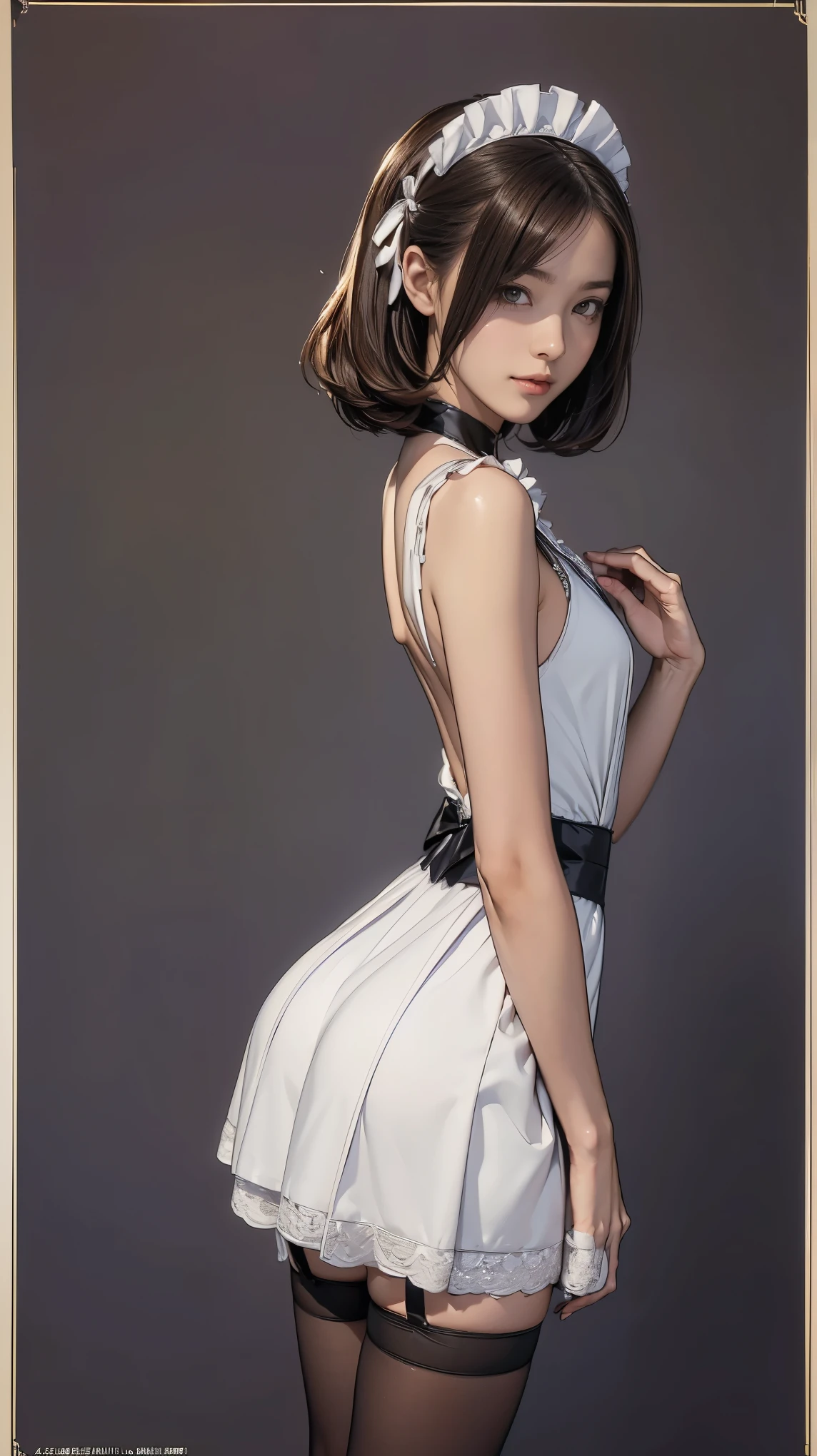 ((masterpiece)),(((highest quality))),((Reference Sheet, Character Design, front, return, ~ ~ side, Mr..々Hairstyle, Mr..々Performance, Facial Expressions)), 14-year-old girl, Cute type,  The best smile:1.5，(Very slim:1.4),  (Very small ass:1.4), Realistic buttocks, Medium chest，Short brown hair with side waves，Short Bob, Thin thighs, Long legs, It's not a big deal, ((Dress and stockings, Gorgeous maid, Maid clothes，Hair Ribbon)), ((Browsing Caution:1.0))