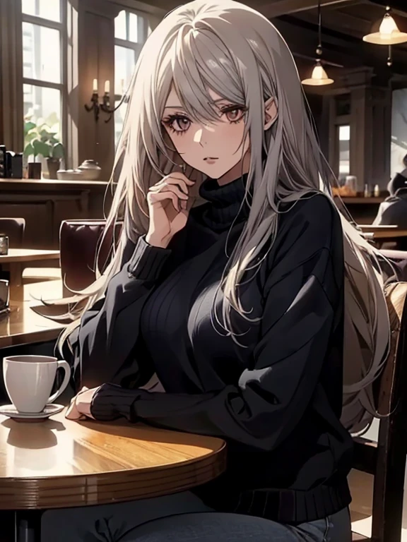 (Confused, High resolution, Very detailed), 1 female, Silver Hair,Long Hair,Reddish brown eyes,Black sweater,Jacket,Navy blue skinny pants,24th generation,beauty,mature,thin,quiet,Calm,sitting on a chair in a cafe,talk,,Black sweater,