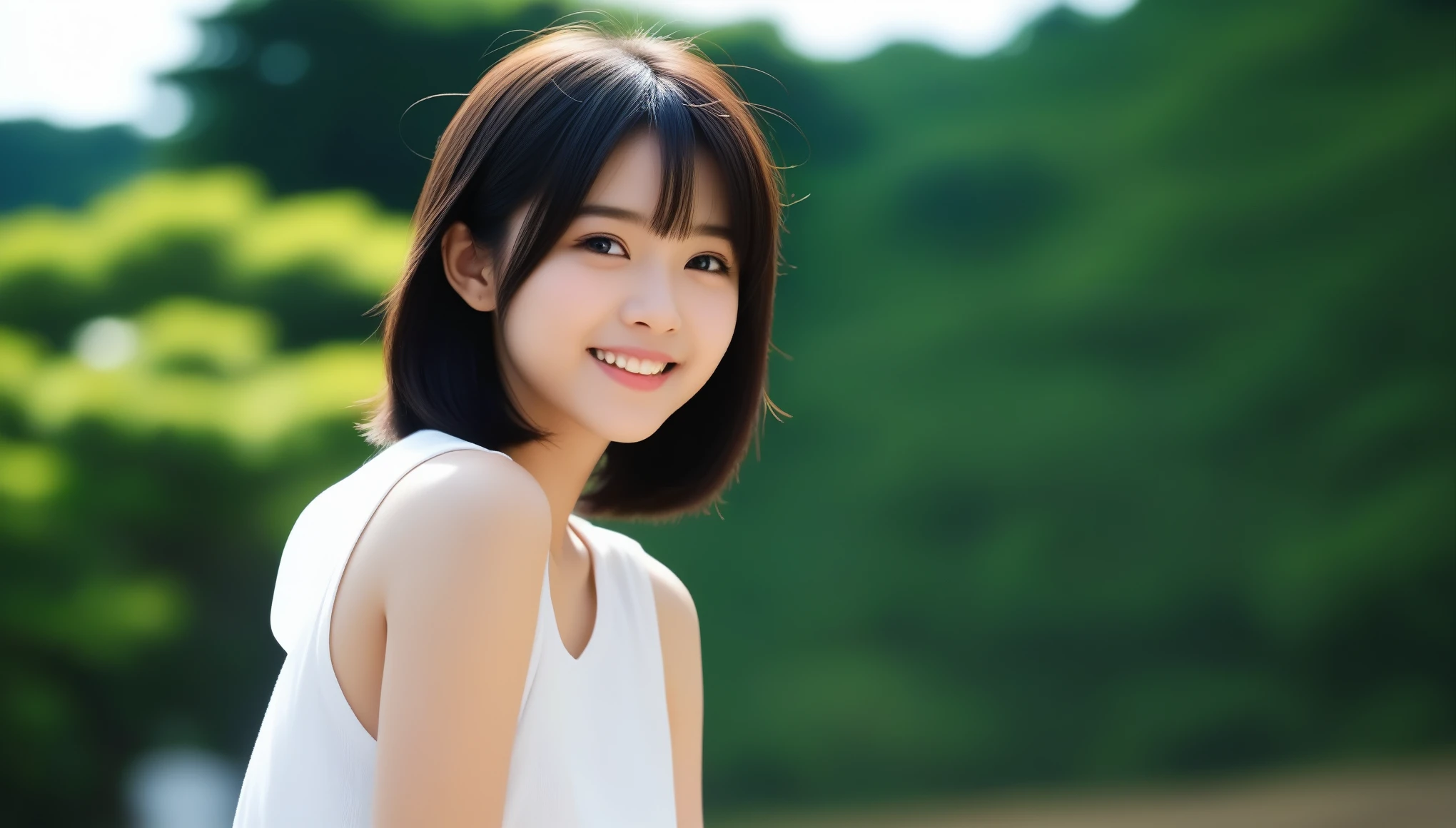 8k, Ultra-high resolution, highest quality, masterpiece, 三分割法によるphotograph,Surreal, photograph, 1 girl, (10 years old:1.3), pretty girl, Cute Face, Beautiful eyes in every detail, 細かくdetailedに,masterpiece,, One Girl:1.2, Japanese junior high school students、Beautiful Japanese Women,Black hair fluttering in the wind,Short Bob,((Tank top and shorts)),Yotto Harbor,Summer sunshine,Feeling clean,smile ,Looking at the audience、beauty,Long neck、Laugh a little、Please close your mouth and laugh、(((Ideal body type))),A-cup small breasts :2,whole body、Perfect Anatomy、鮮明なdetailed、detailed、Surreal、Light and shadow,Strong light