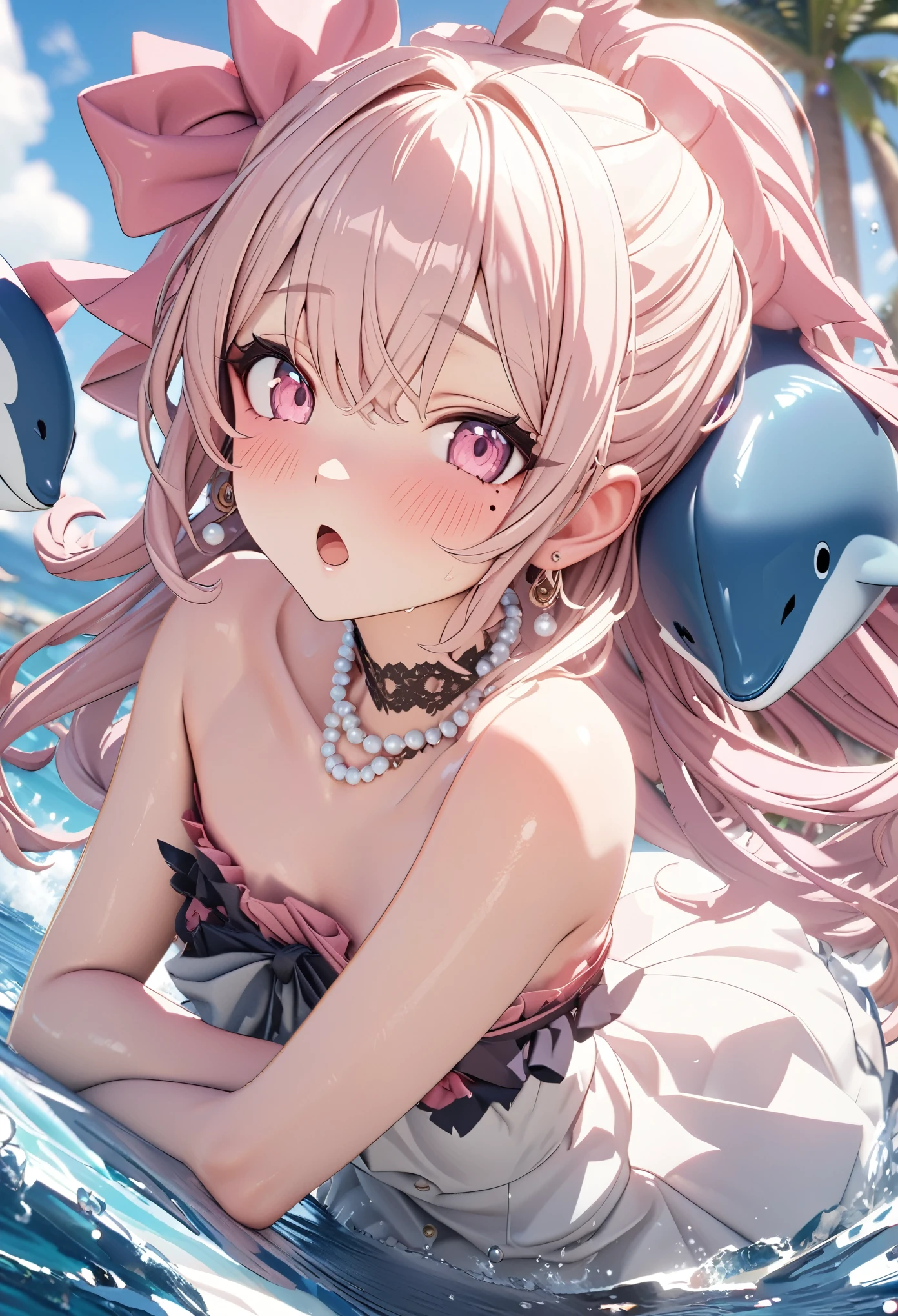 masterpiece, best quality, highly detailed, high resolution, expensive resolution, high resolution, 4k, 8k, Unity 8k wallpaper, highly detailed CG, masterpiece, 2d, 3d, beautiful details, depth, fine texture, best quality: 1.3, perfect focus, crispy skin, him, very cute anime girl, girl with pearl necklace and pearl earrings, idol. Background is ocean with dolphins jumping, scallops dancing, palm trees, expensive, pink medium long hair, mole under eye, looking at the viewer, expensive, blush, mole, open lips, , heart, pink eyes, choker
