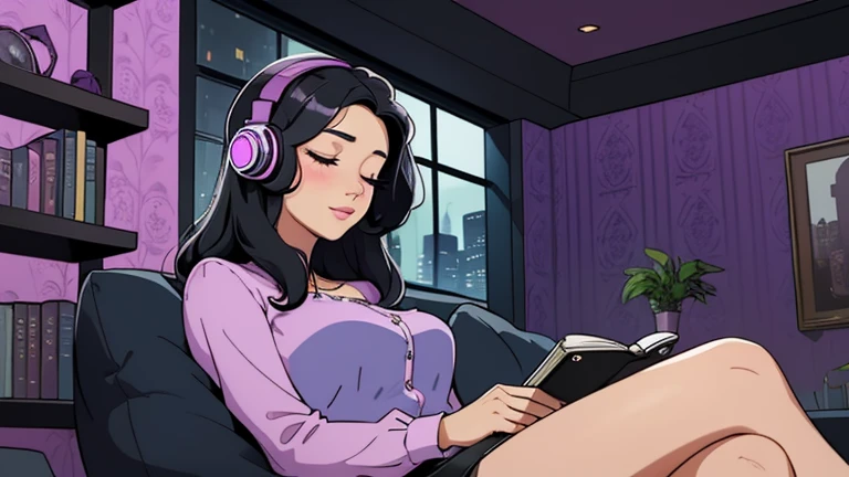 Beautiful woman in her 30s with black hair is sitting with headphones on the sofa. Looking down, eyes closed, LOFI girl, alone in the room, blouse, cozy wallpaper, big cushion, bookshelf, relaxing mood, night core, cozy, wide glass window with skyscrapers, outside view at night, only five fingers, purple wall,