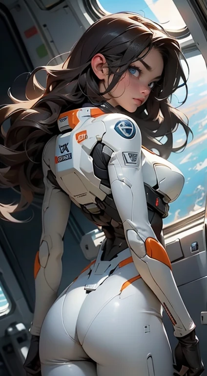 rear view, backside view,gritty hair fit body big breasts slim thighs slim waist pilot suit alone looking at the viewer in space long hair blushing determination, 8k, Detalle extremo,More detailed 8K.motor irreal:1.4,UHD,La mejor calidad:1.4, fotorrealista:1.4, textura de la piel:1.4, obra maestra:1.8,obra-prima, mejor calidad,objeto Objeto], (detailed face features:1.3),(Traje de piloto:1.4)