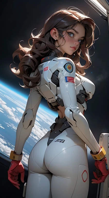 rear view, backside view,gritty hair fit body big breasts slim thighs slim waist pilot suit alone looking at the viewer in space long hair blushing determination, 8k, Detalle extremo,More detailed 8K.motor irreal:1.4,UHD,La mejor calidad:1.4, fotorrealista:1.4, textura de la piel:1.4, obra maestra:1.8,obra-prima, mejor calidad,objeto Objeto], (detailed face features:1.3),(Traje de piloto:1.4)