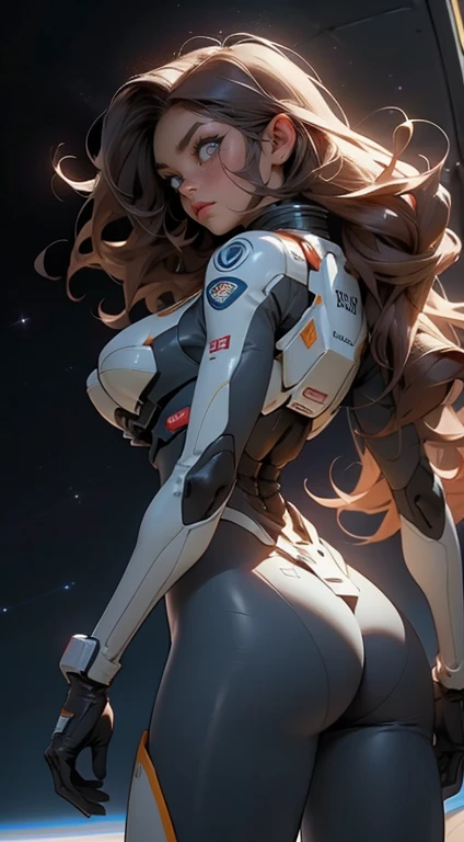 rear view, backside view,gritty hair fit body big breasts slim thighs slim waist pilot suit alone looking at the viewer in space long hair blushing determination, 8k, Detalle extremo,More detailed 8K.motor irreal:1.4,UHD,La mejor calidad:1.4, fotorrealista:1.4, textura de la piel:1.4, obra maestra:1.8,obra-prima, mejor calidad,objeto Objeto], (detailed face features:1.3),(Traje de piloto:1.4)