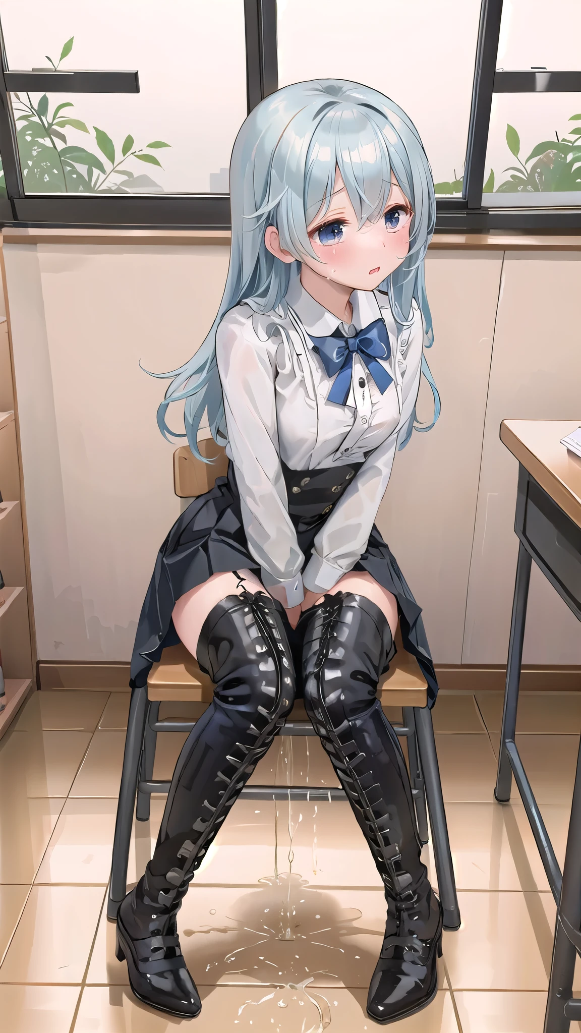 Long blue hair，Eye，White shirt，Dark black hip skirt（1.3），Black tights，Black lace-up boots，teacher，classroom场景 景深, 傑作blush shy，Leaking urine（1.2）classroom scene，eternal, cry, , 泪水从Eye里流出来, The embarrassment comes from, blush), (Girl is peeing: 1.2),, look away, sit, Awkward, blush, Mouth slightly open, classroom (Girl Leaking urine): 1.5)