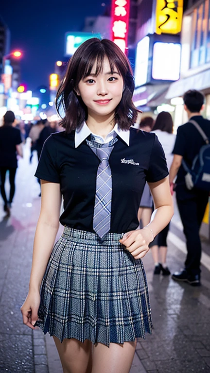 8k, RAW Photos, highest quality, learn:1.3),(Realistic,photo-Realistic:1.37),(night),stop temporarily,Tokyo Street,nightcityscape,Cyberpunk City,Soft Light, One Girl, so beautiful顔, Perfect figure, focal distance, bust, casual hairスタイル, smile, Big eyes, (Short sleeve ＪＫ_shirt), (Pleated skirt),(The tie has a tartan check pattern...:1.3)スカートとThe tie has a tartan check pattern...:1.3),Brown medium hair、smile,,smile,so beautiful、Beautiful Skin、Beautiful and exquisite、Detailed skirt),Mix 4, fine smile、18-year-old、The face of a young and cute gravure idol,Carving the Idol&#39;s Pose,White socks、Black Loafers、